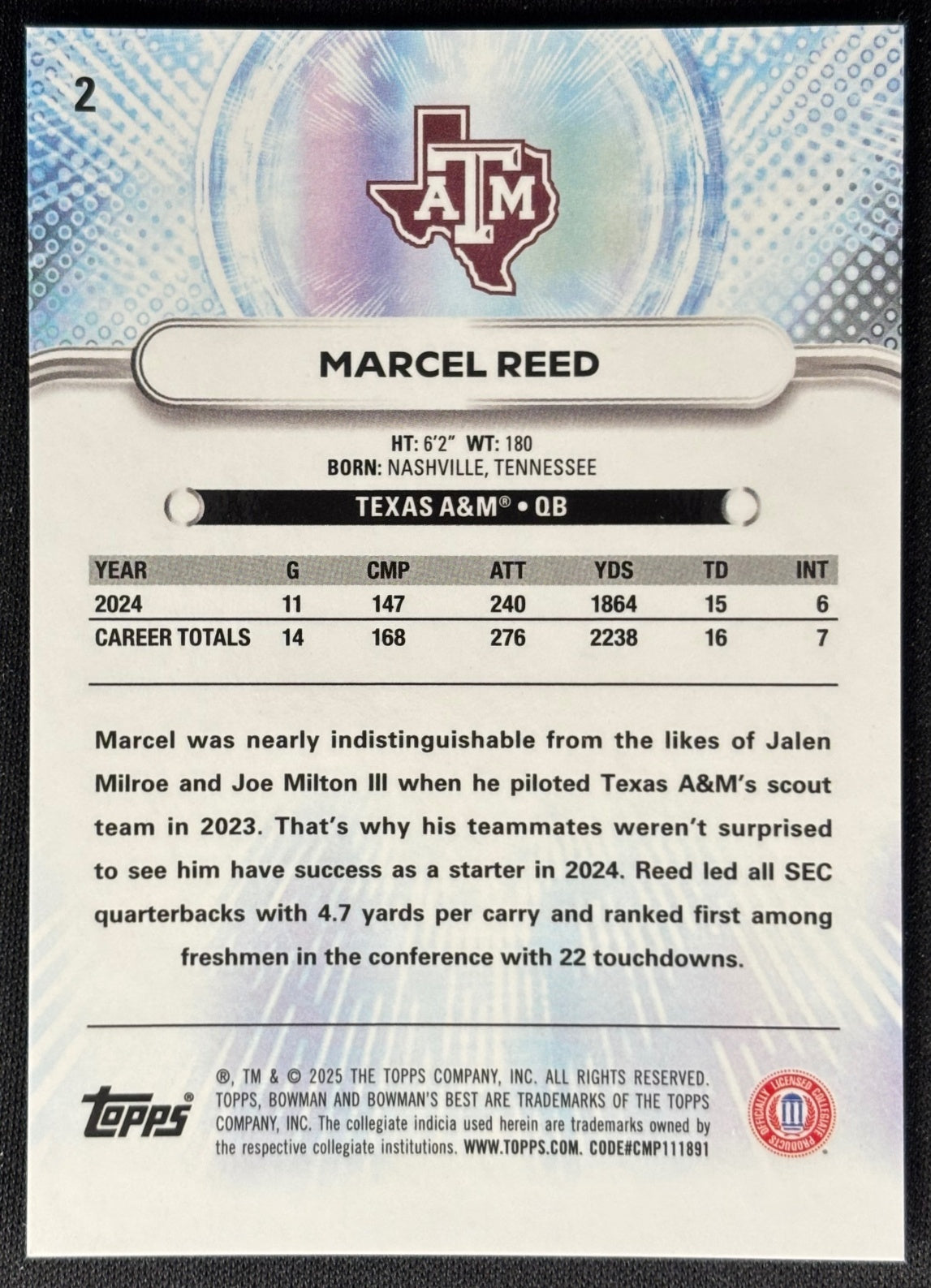 Marcel Reed 2025 Best University Yellow Lazer Refractor /250 Aggies - Back