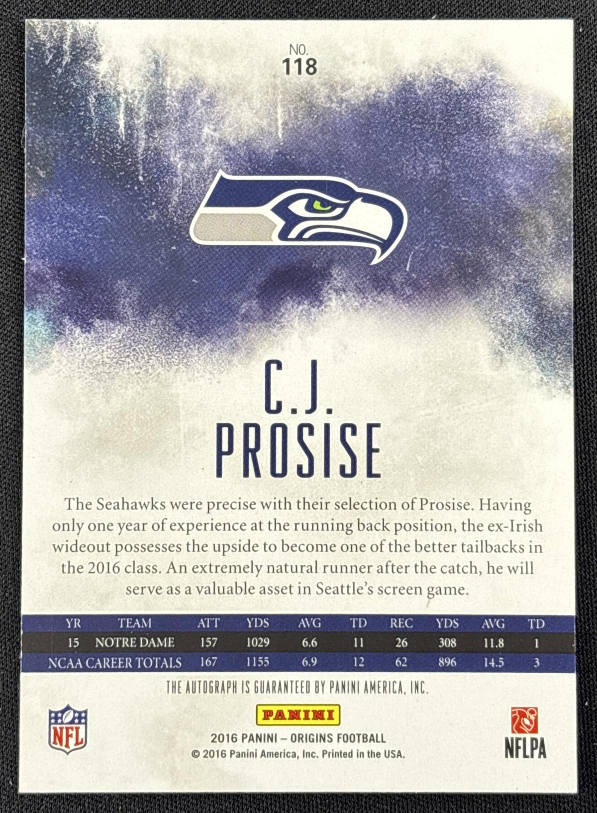 C.J. Prosise 2016 Panini Origins Auto Rookie Seattle Seahawks