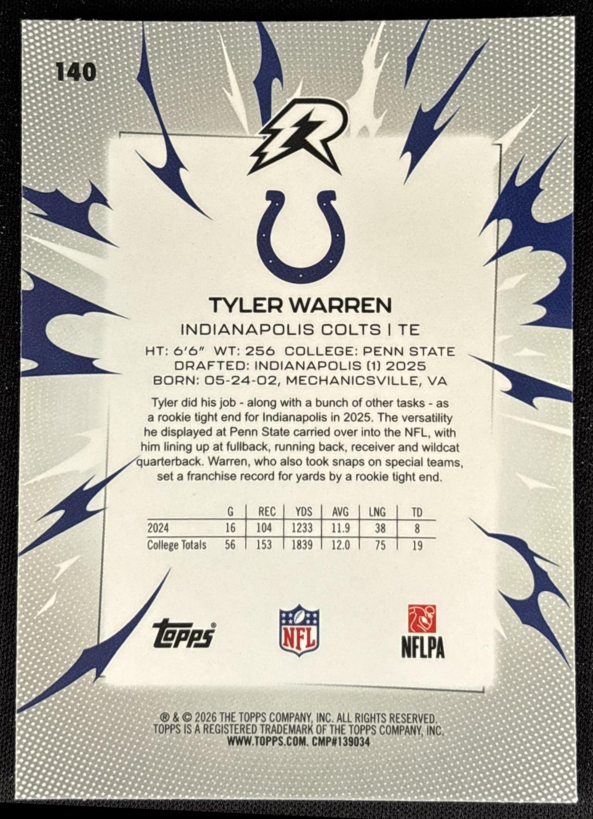 Tyler Warren 2025 Topps Resurgence Colts back