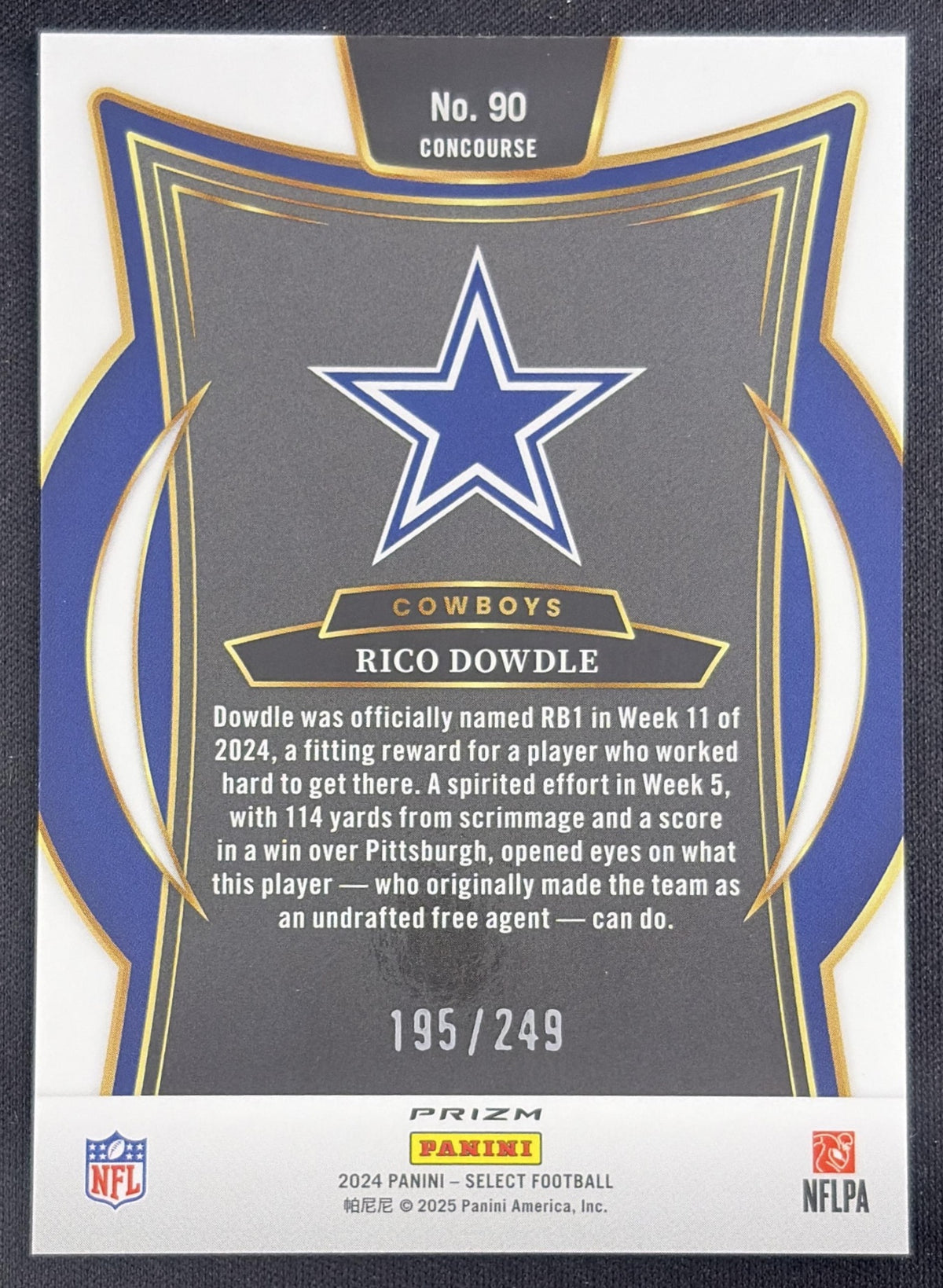 Rico Dowdle 2024 Panini Select Concourse Red Prizm Shock /249 Cowboys Sports Trading Card