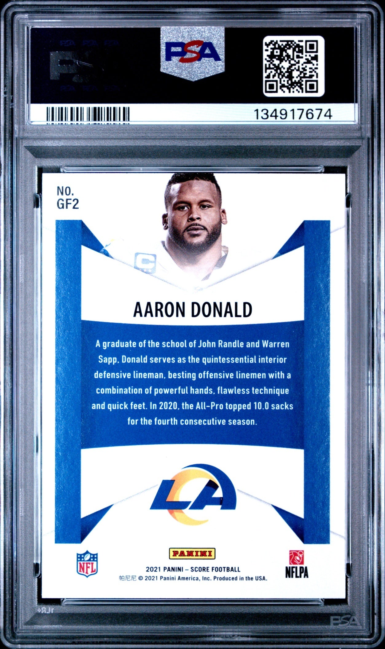 Aaron Donald 2021 Panini Score Game Face PSA 10 Rams back