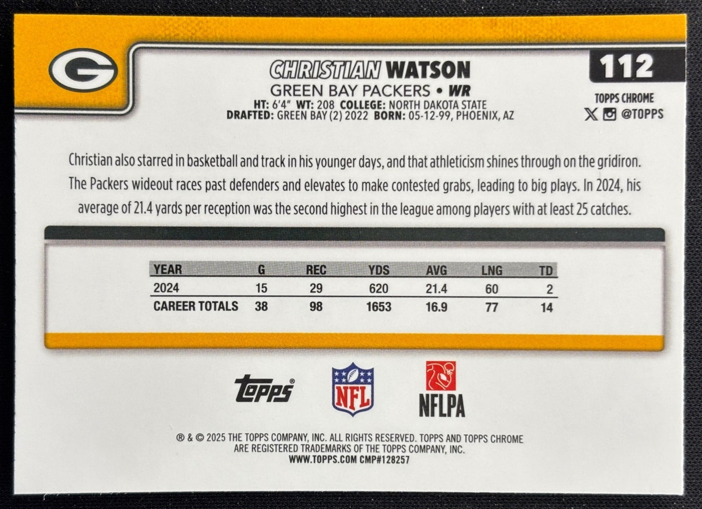 Christian Watson 2025 Topps Chrome RayWave Refractor Packers Football