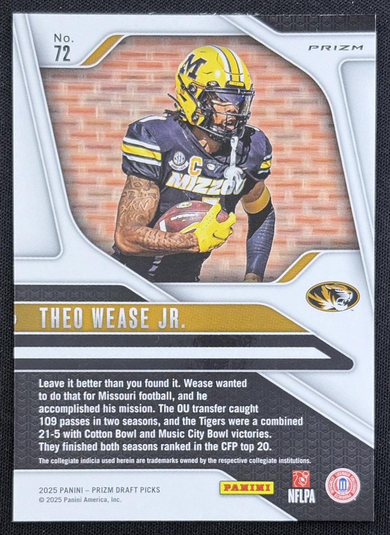 Theo Wease Jr. 2025 Panini Prizm Draft Picks Gold Ice Tigers
