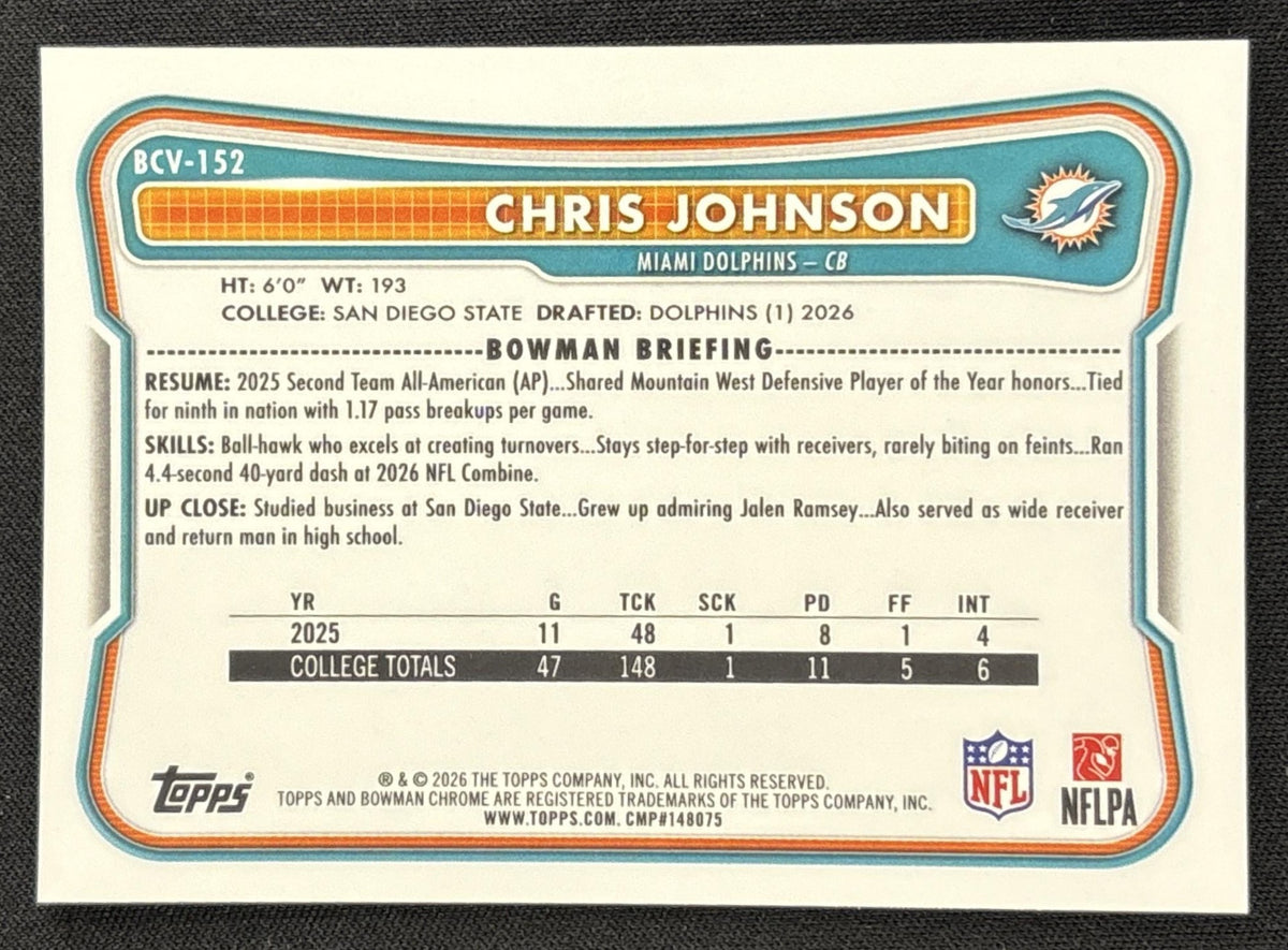 Chris Johnson 2026 Bowman Chrome NFL Aqua Mojo Refractor /199 Dolphins Sports Trading Card
