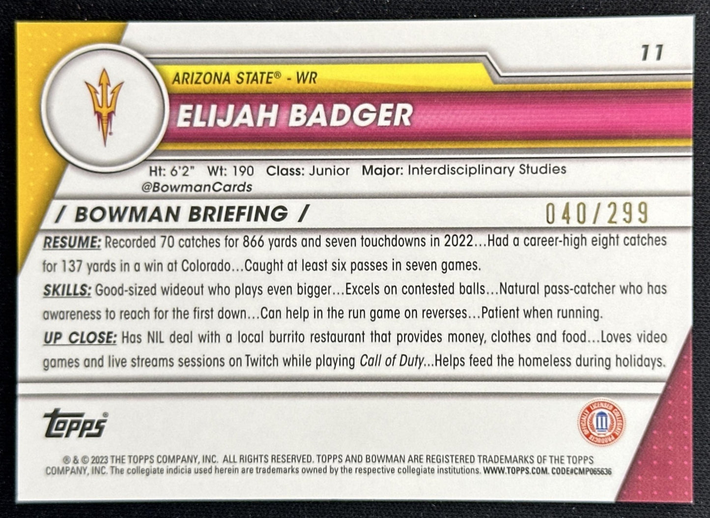 Elijah Badger 2023 Bowman University Chrome Aqua Refractor /299 back