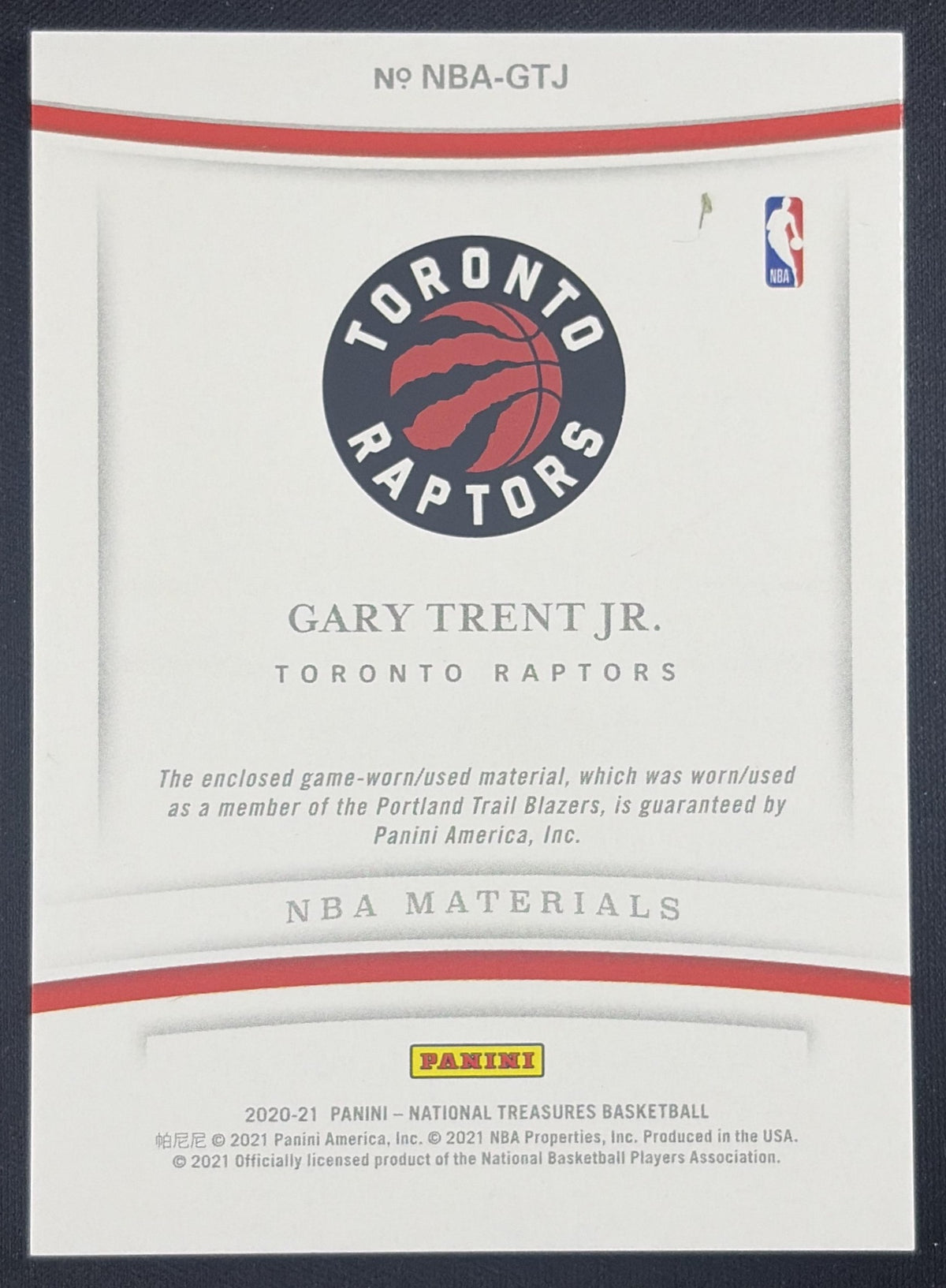 Gary Trent Jr. 2020 Panini National Treasures NBA Materials /99 Raptors Toronto Raptors Sports Trading Card