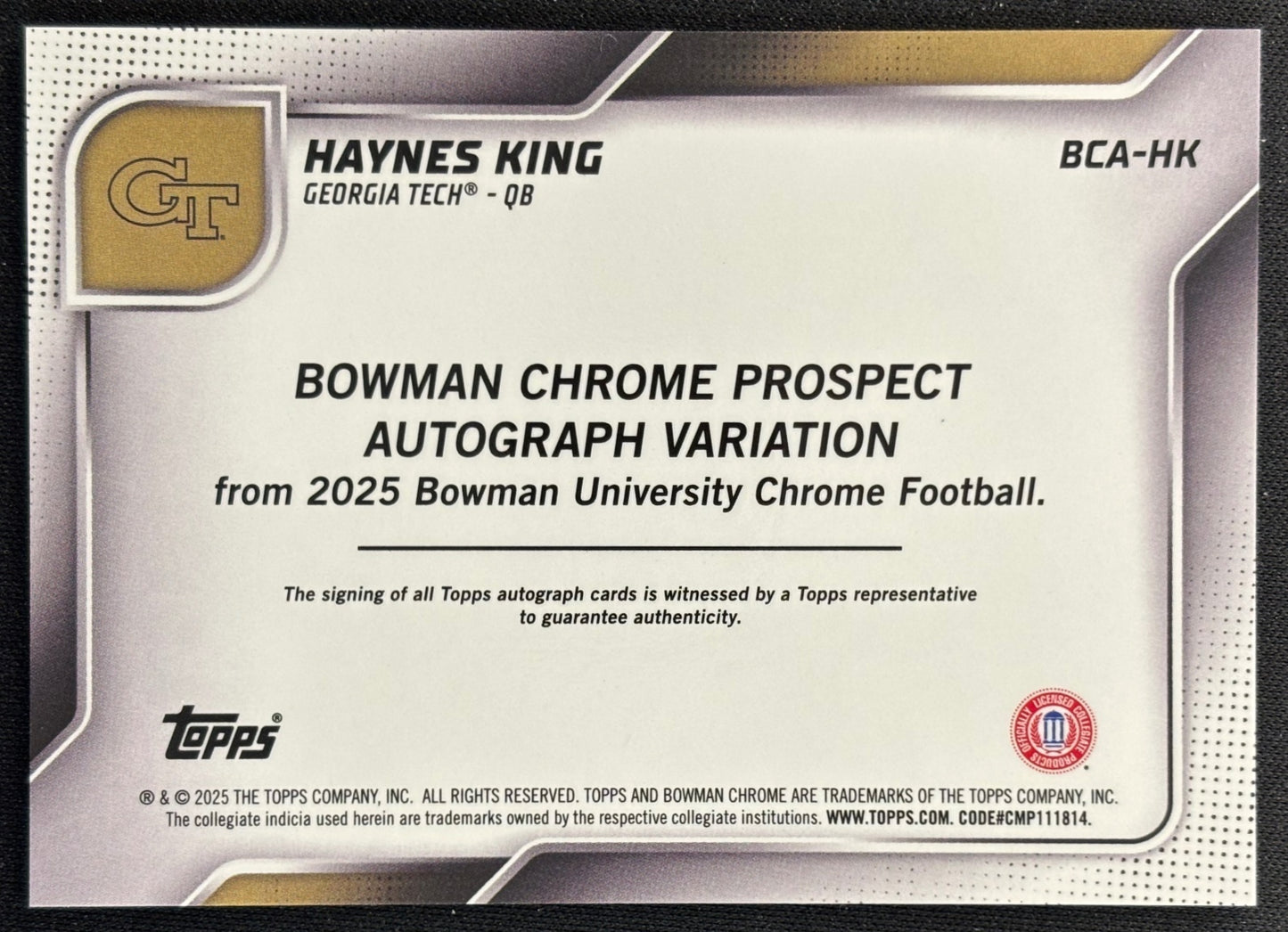 Haynes King 2025 Chrome University Prospect Auto Green Refractor /99 Yellow Jackets - Back (Wayne Collection)