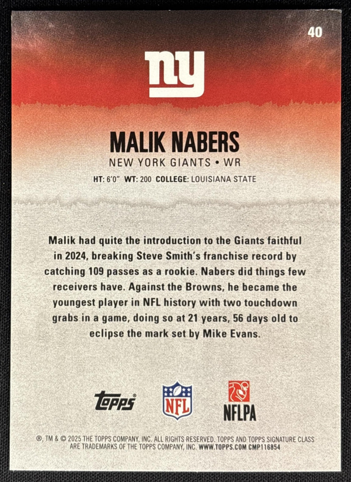 Malik Nabers 2025 Topps Signature Class Veteran Blue & Yellow Foil Giants back