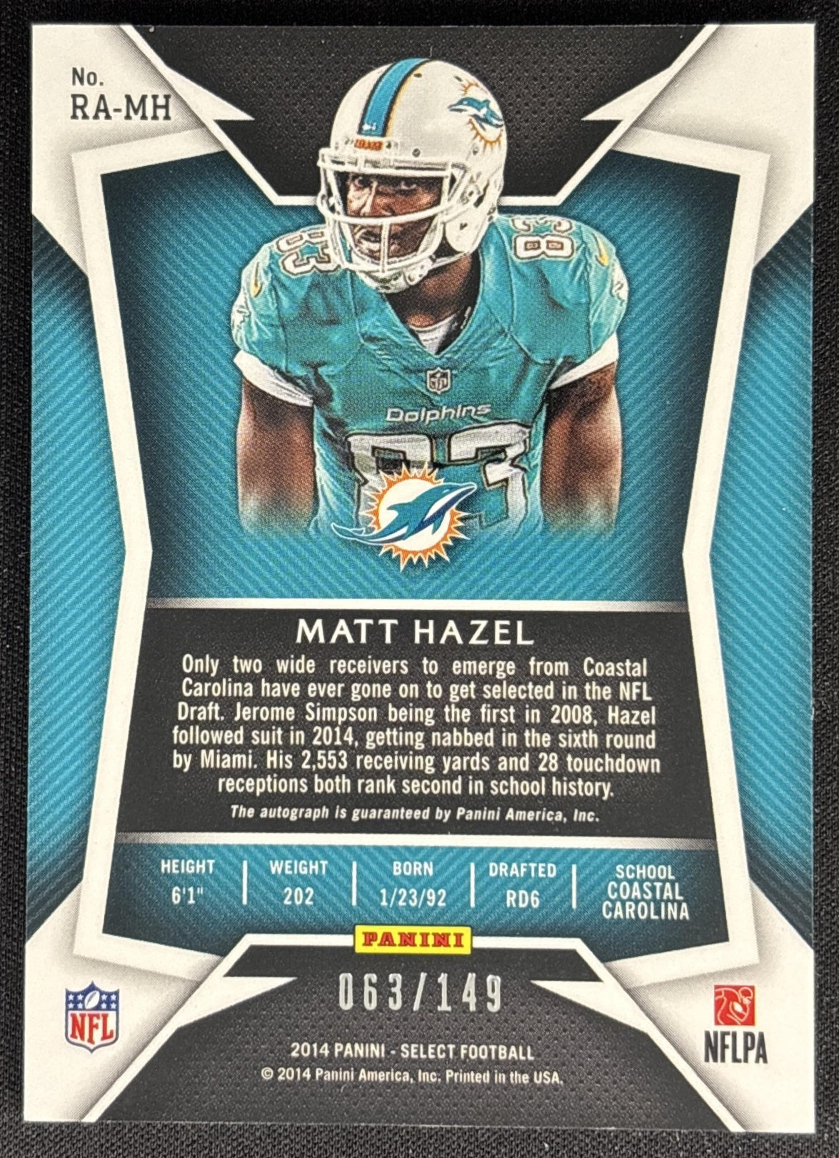 Matt Hazel 2014 Panini Select Rookie Auto /149 Dolphins