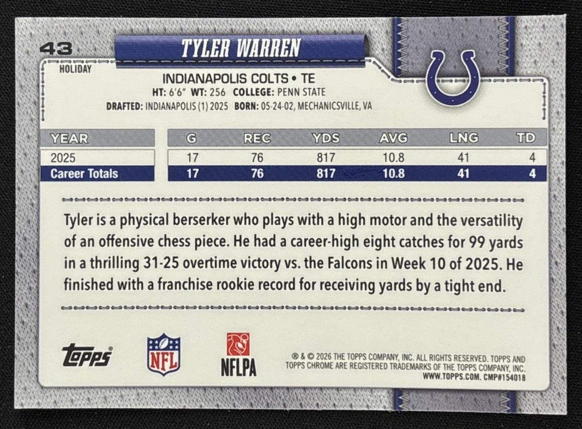 Tyler Warren 2026 Topps Holiday Chrome Refractor Colts