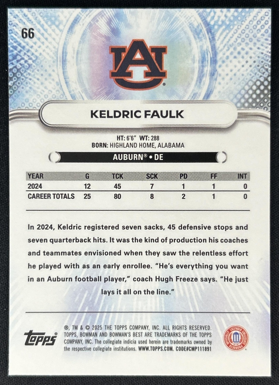 Keldric Faulk 2025 Bowman Best University Pink Lava Refractor /175 Tigers back