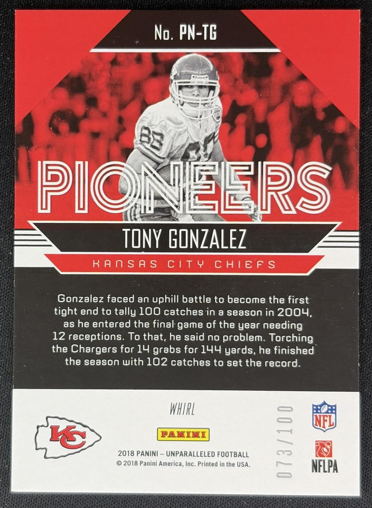 Tony Gonzalez 2018 Panini Unparalleled Pioneers Whirl /100 Chiefs back