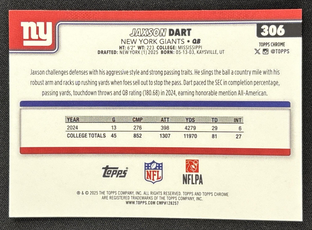 Jaxson Dart 2025 Topps Chrome Rookie Giants