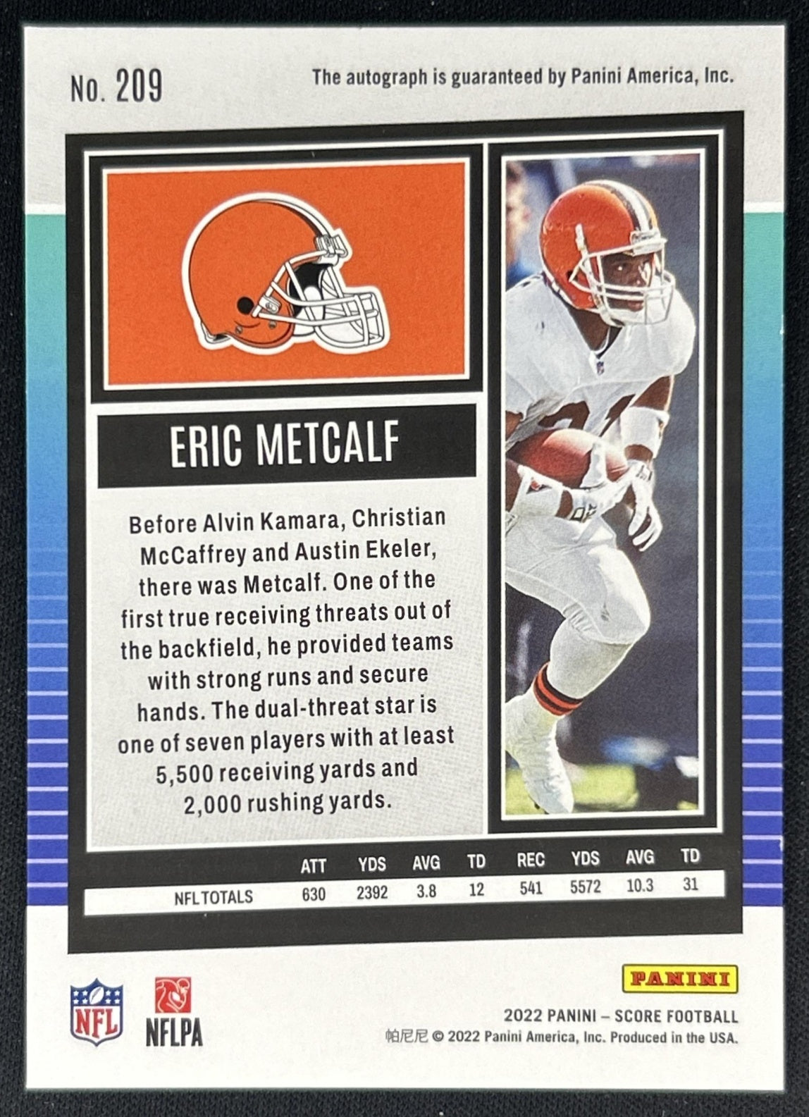 Eric Metcalf 2022 Panini Score Signatures Gold Zone /50 Browns back
