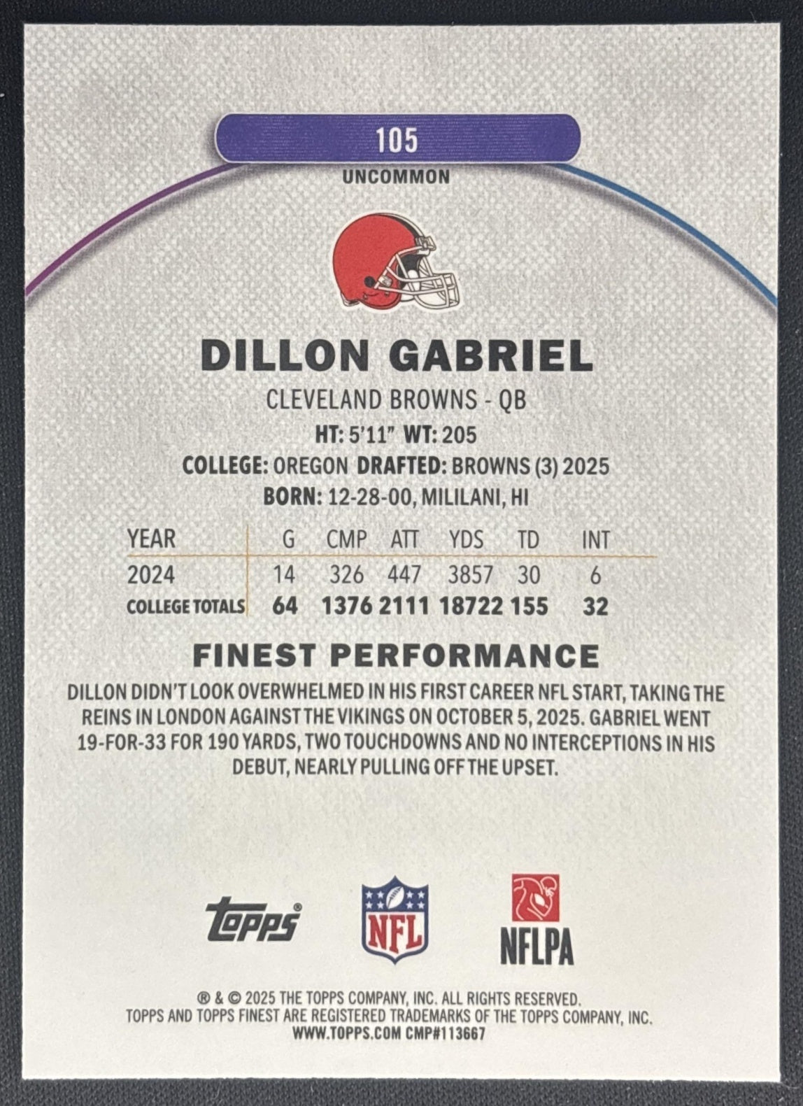 Dillon Gabriel 2025 Topps Finest Uncommon Purple Refractor /200 Browns back