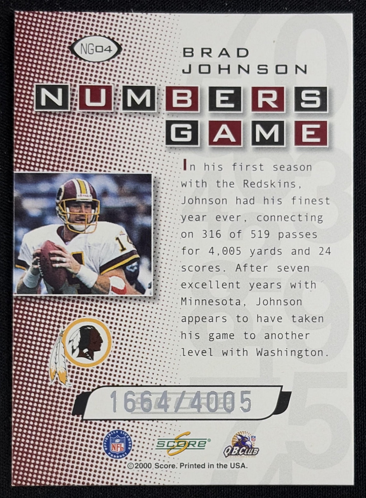 Brad Johnson 2000 Score Numbers Game Silver /4005 Redskins - Back