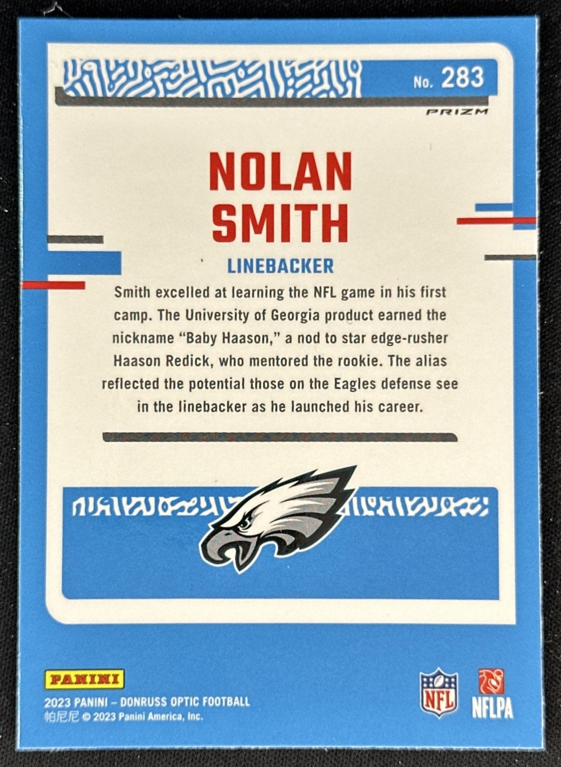 Nolan Smith 2023 Panini Donruss Optic Blue Scope Prizm Eagles back