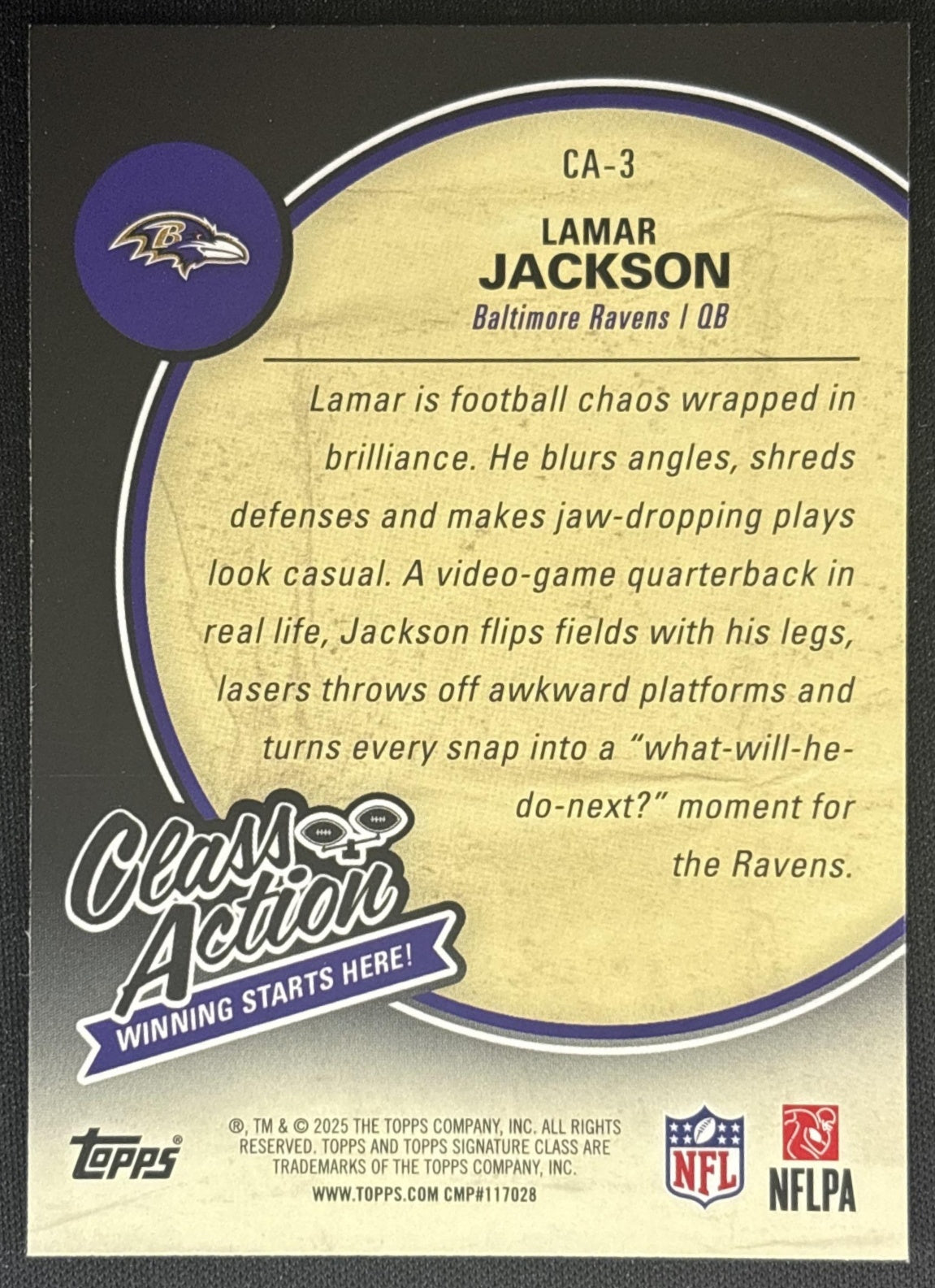 Lamar Jackson 2025 Topps Signature Class Action Ravens back