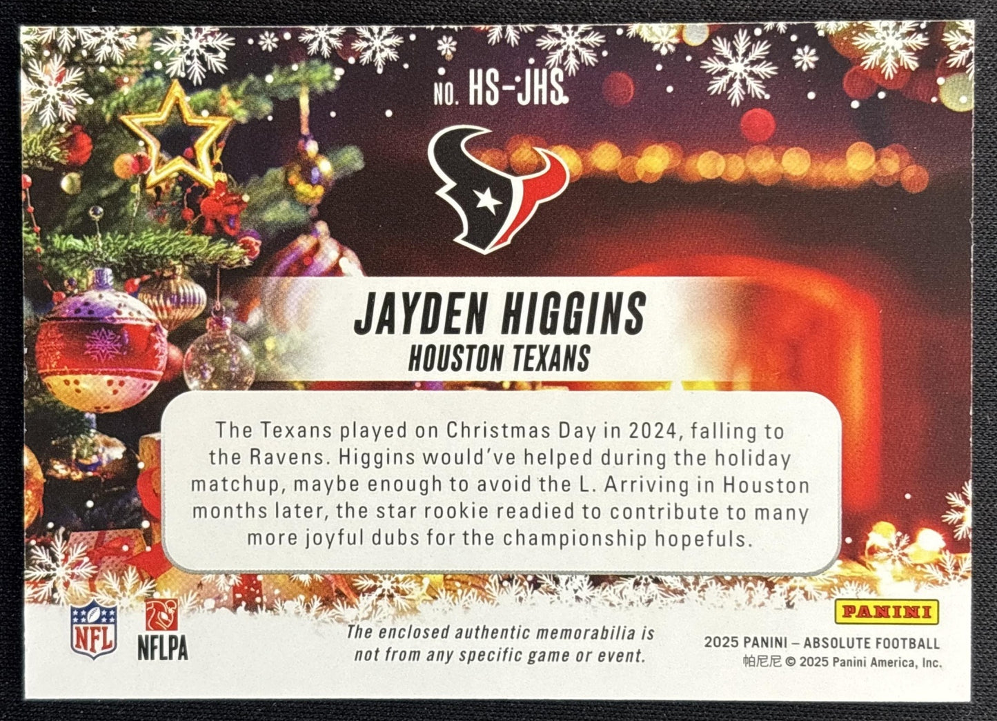 Jayden Higgins 2025 Panini Absolute Holiday Suit Texans