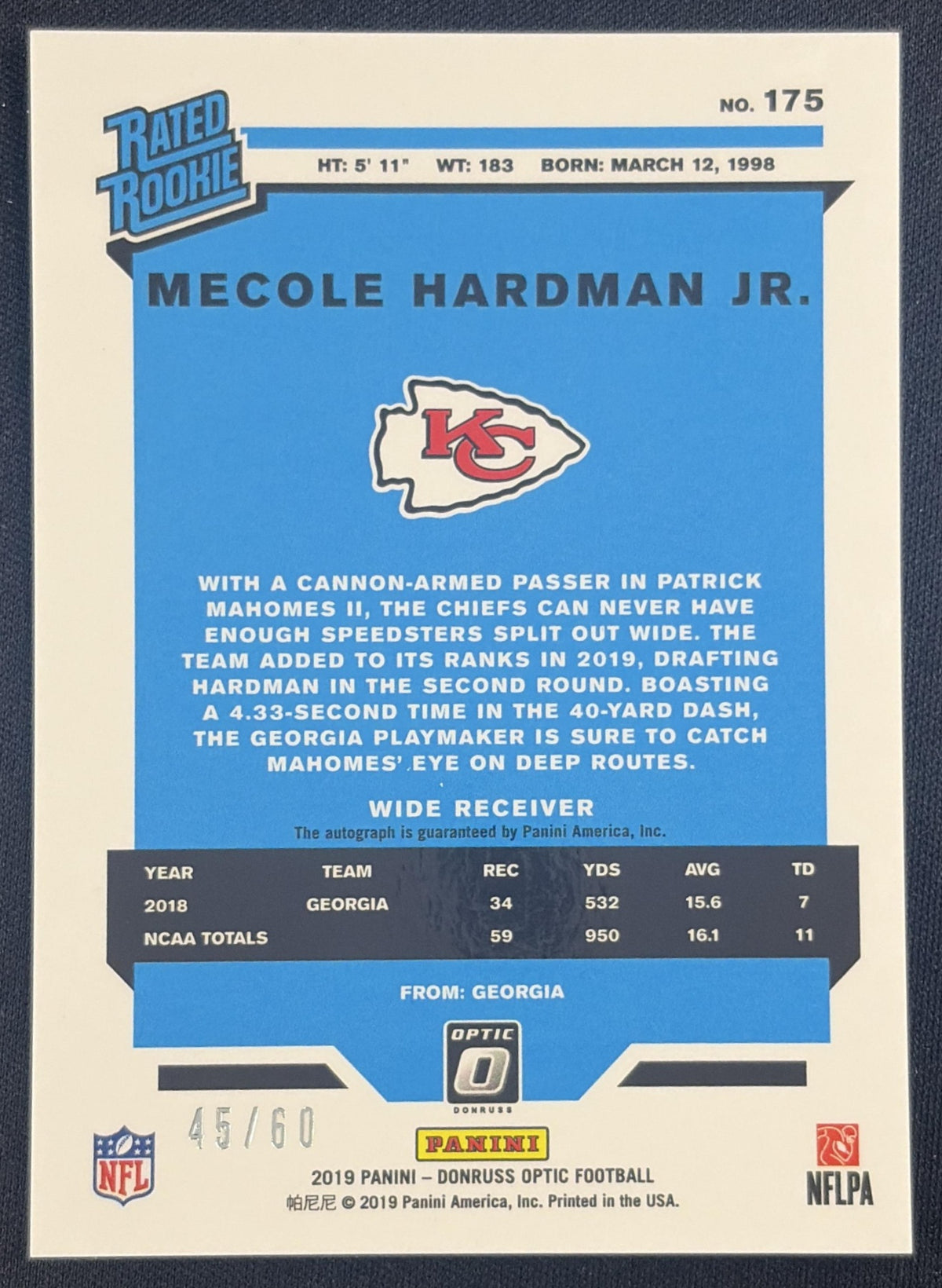 Mecole Hardman Jr. 2019 Panini Donruss Optic Rated Rookie Auto /60 Chiefs Sports Trading Card