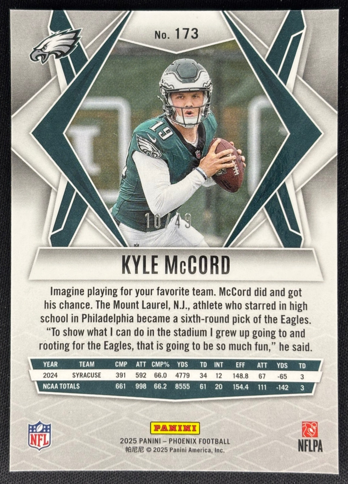 Kyle McCord 2025 Phoenix Purple Seismic /49 Eagles Sports Trading Cards