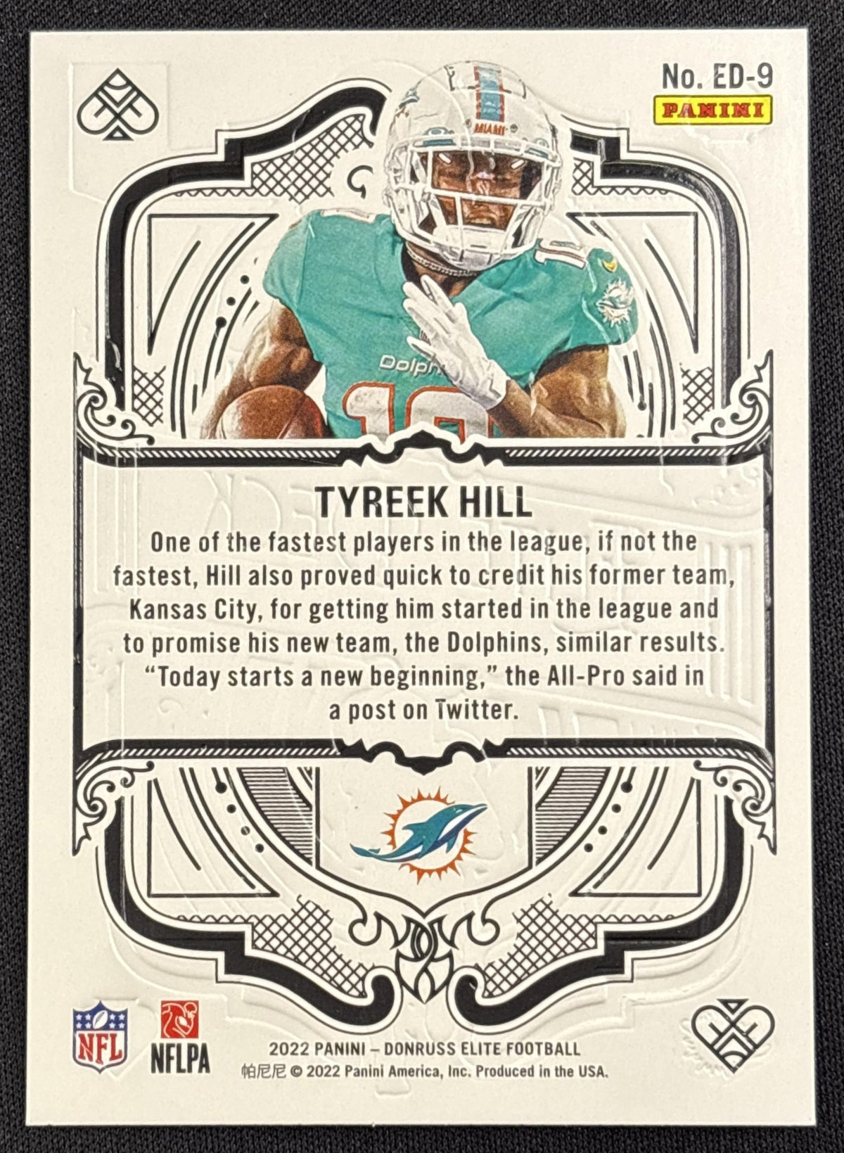 Tyreek Hill 2022 Panini Donruss Elite Deck Dolphins Miami Dolphins