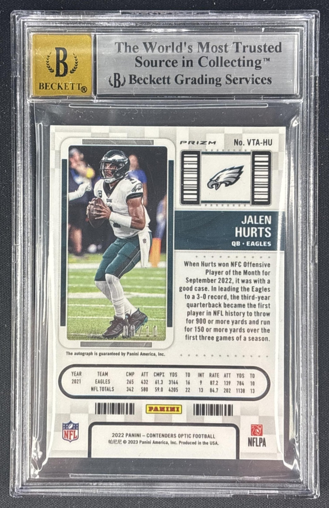 Jalen Hurts 2022 Contenders Optic Veteran Ticket Auto Gold /10 Eagles BGS 7 Auto 10 Beckett Sports Trading Cards