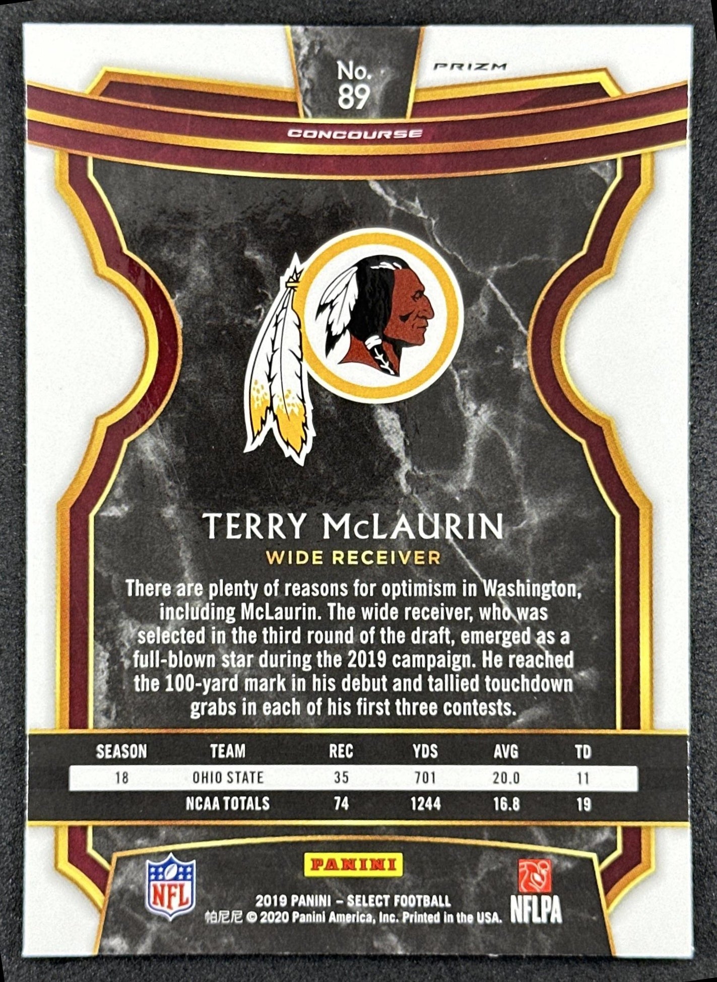 Terry McLaurin 2019 Panini Select Silver Prizm Redskins Commanders