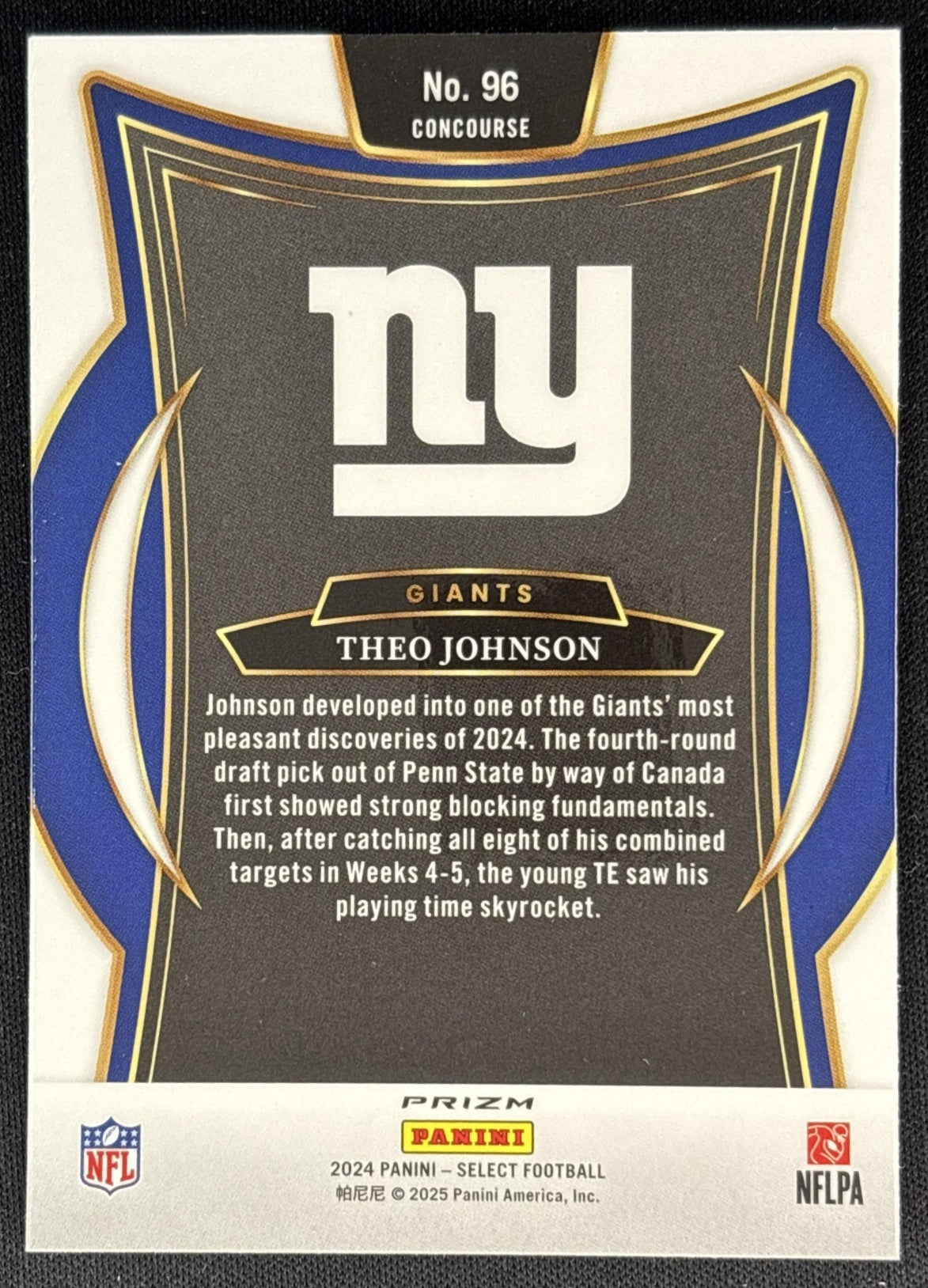 Theo Johnson 2024 Panini Select Concourse Zebra Prizm Shock Giants back