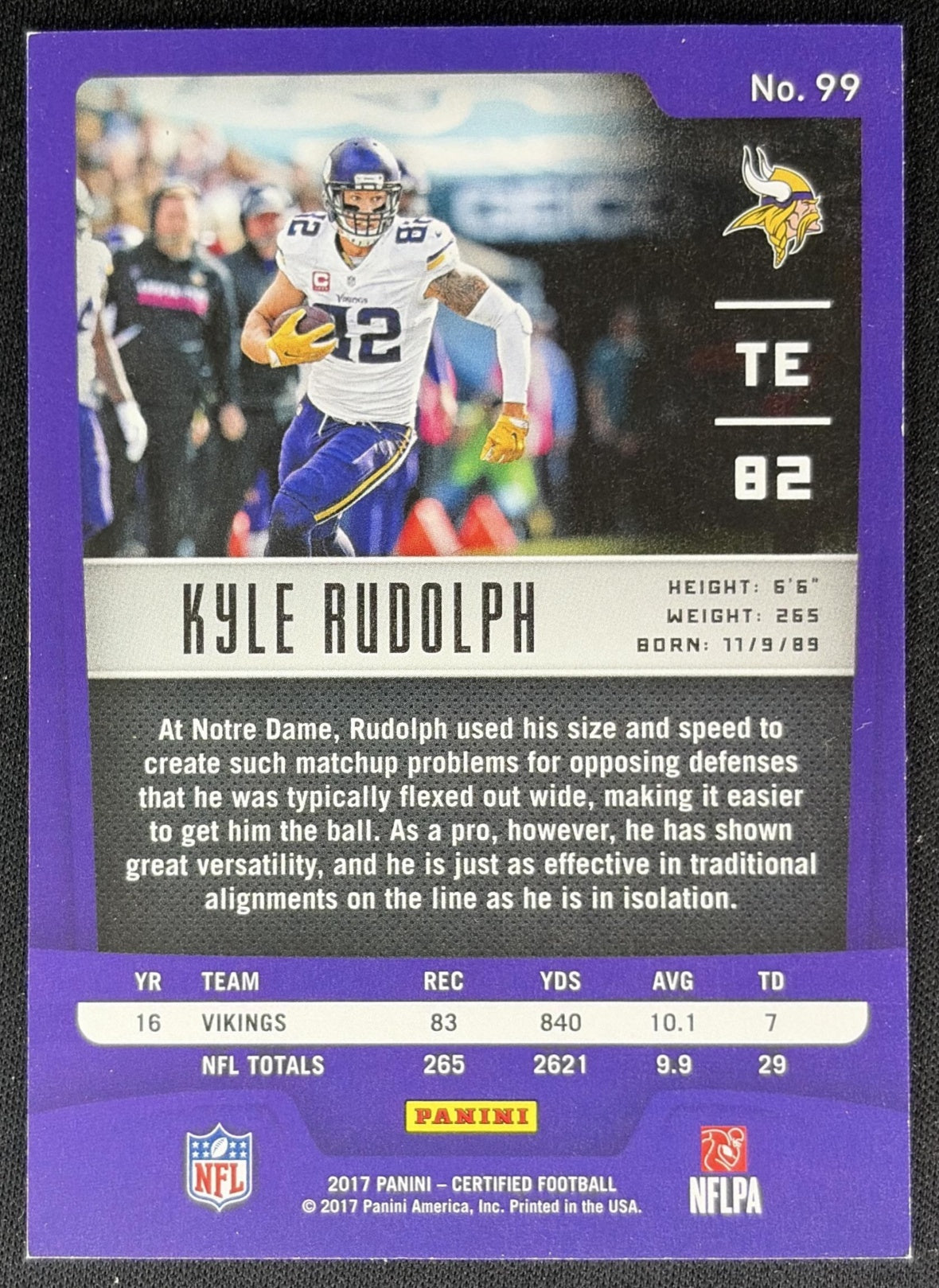 Kyle Rudolph 2017 Panini Certified Mirror /499 Vikings back