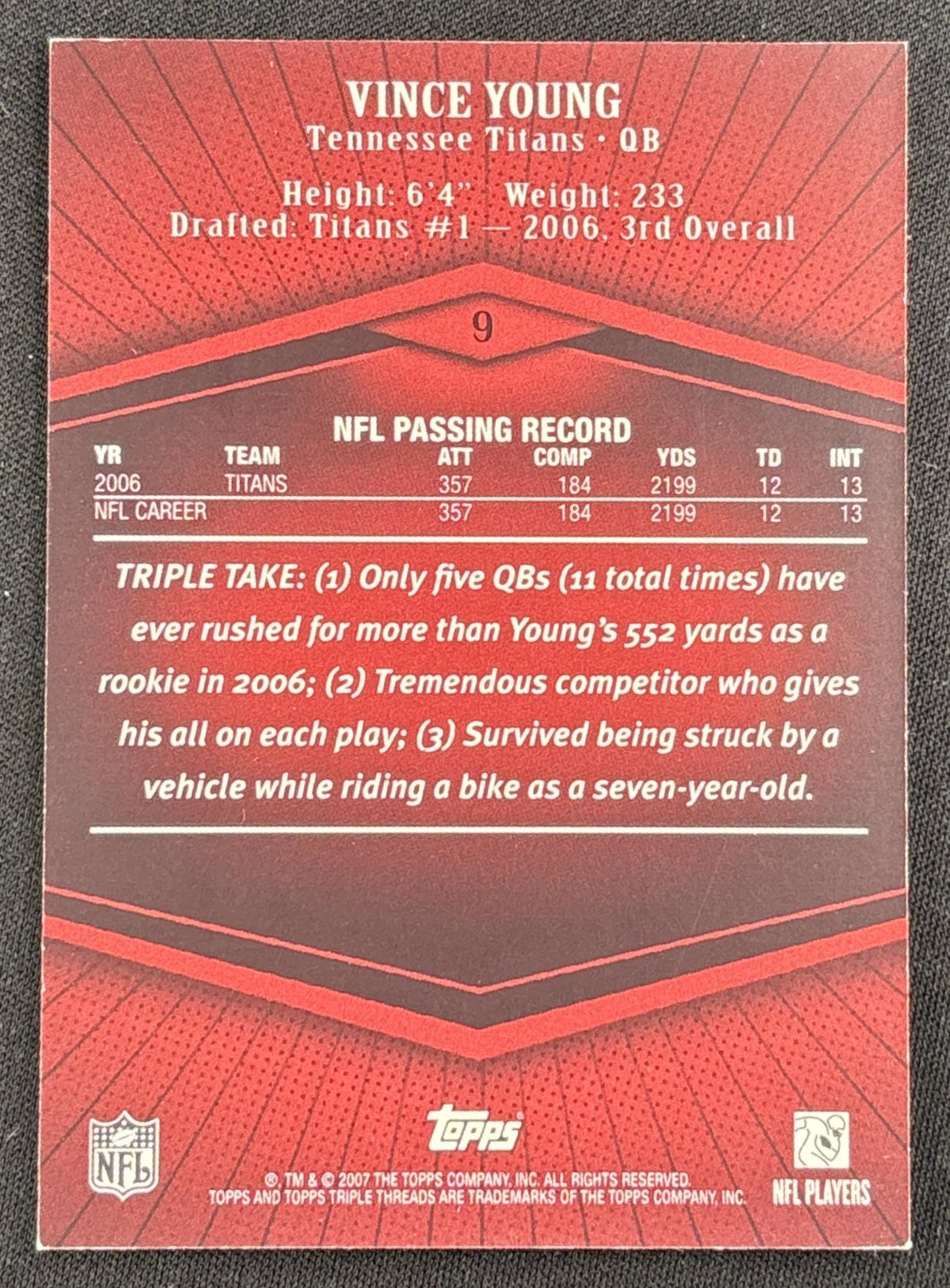 Vince Young 2007 Topps Triple Threads /1449 Titans Sports Trading Card