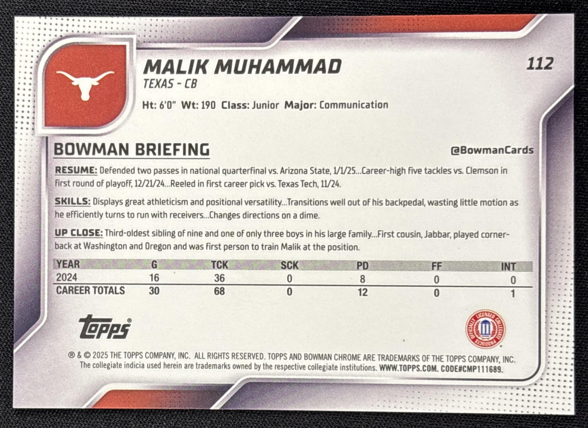 Malik Muhammad 2025 Bowman Chrome University Prospects White Refractor /15 Longhorns