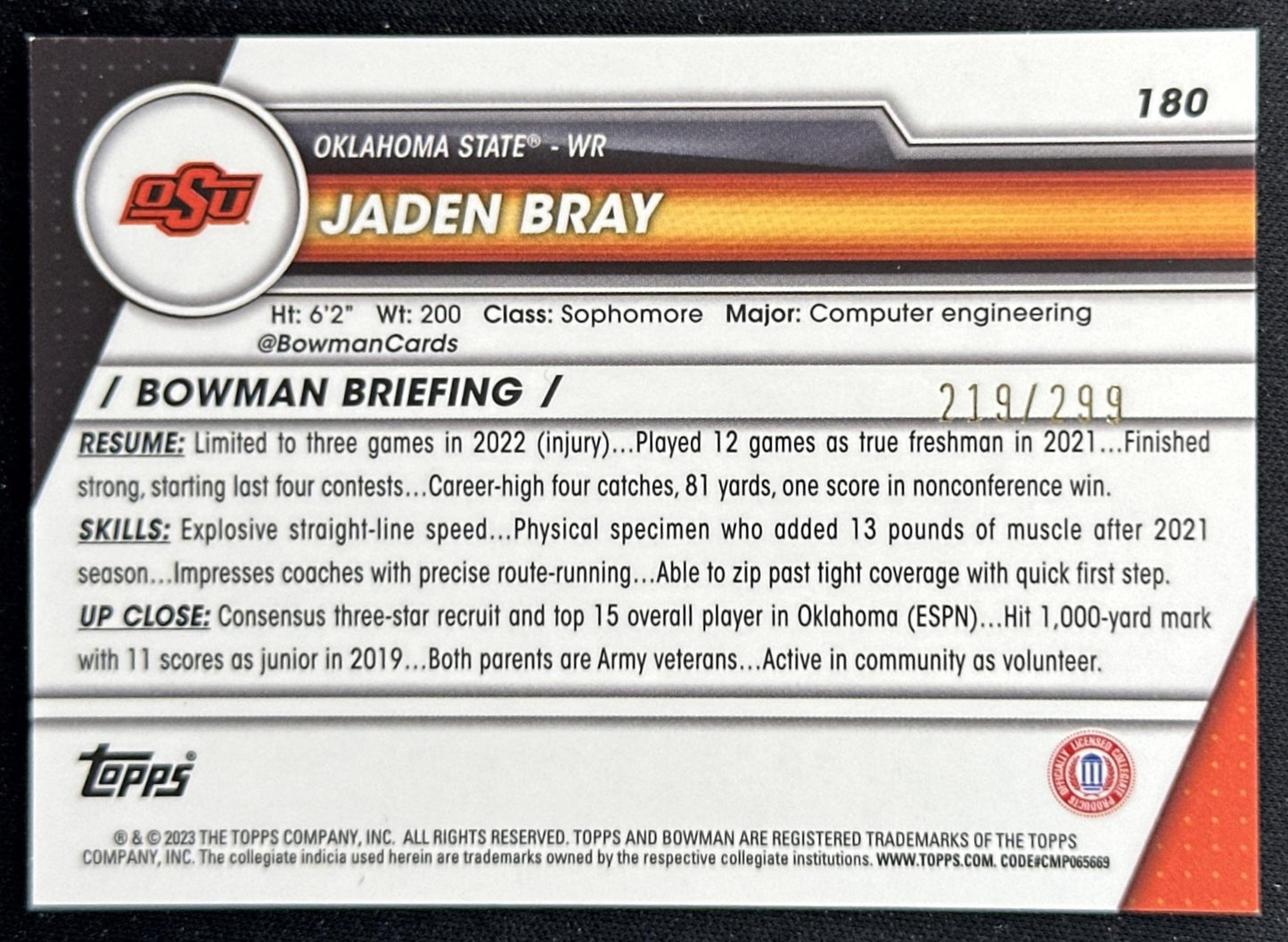 Jaden Bray 2023 Bowman University Chrome Aqua Refractor /299 Cowboys back