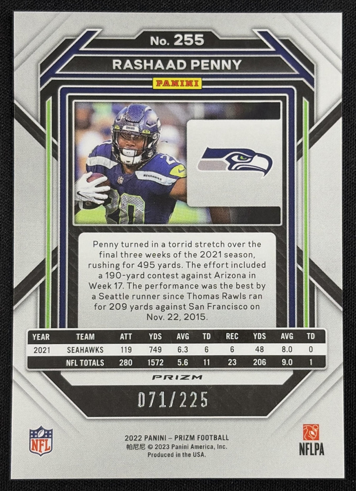 Rashaad Penny 2022 Panini Prizm Purple Ice /225 Seahawks