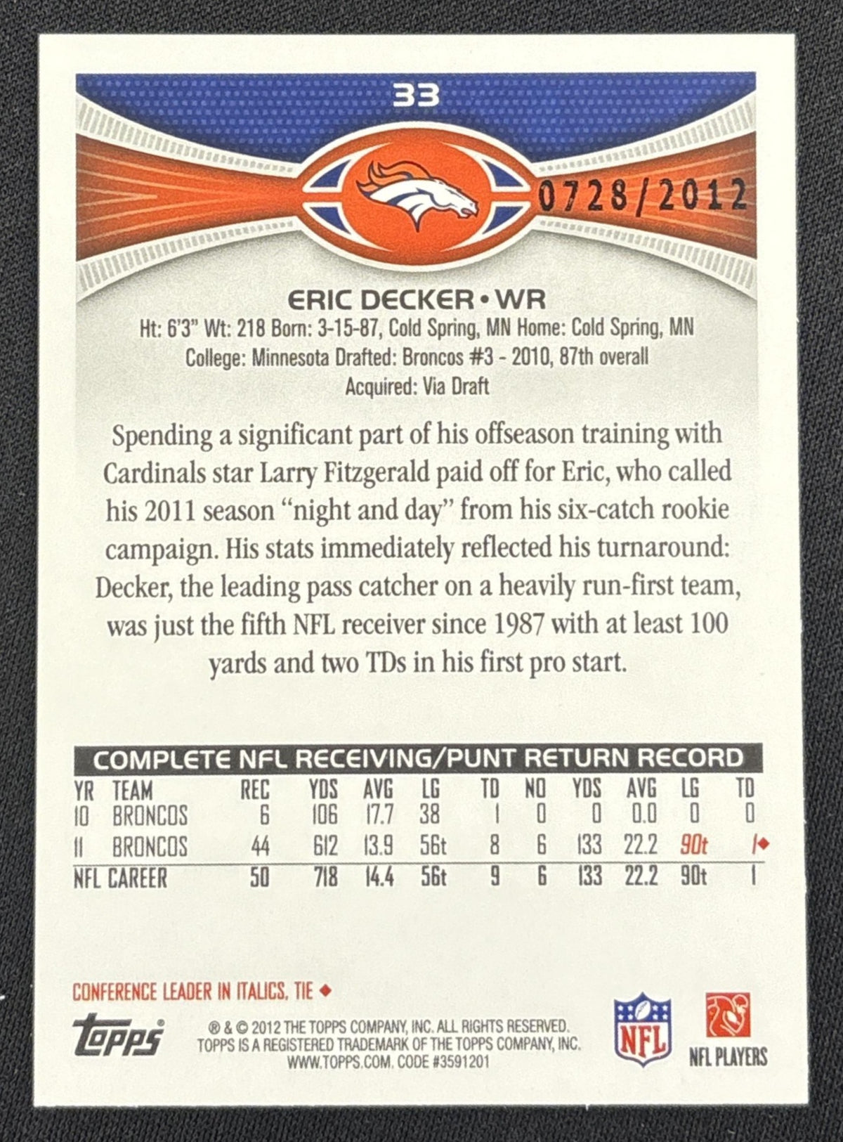 Eric Decker 2012 Topps Gold /2012 Broncos