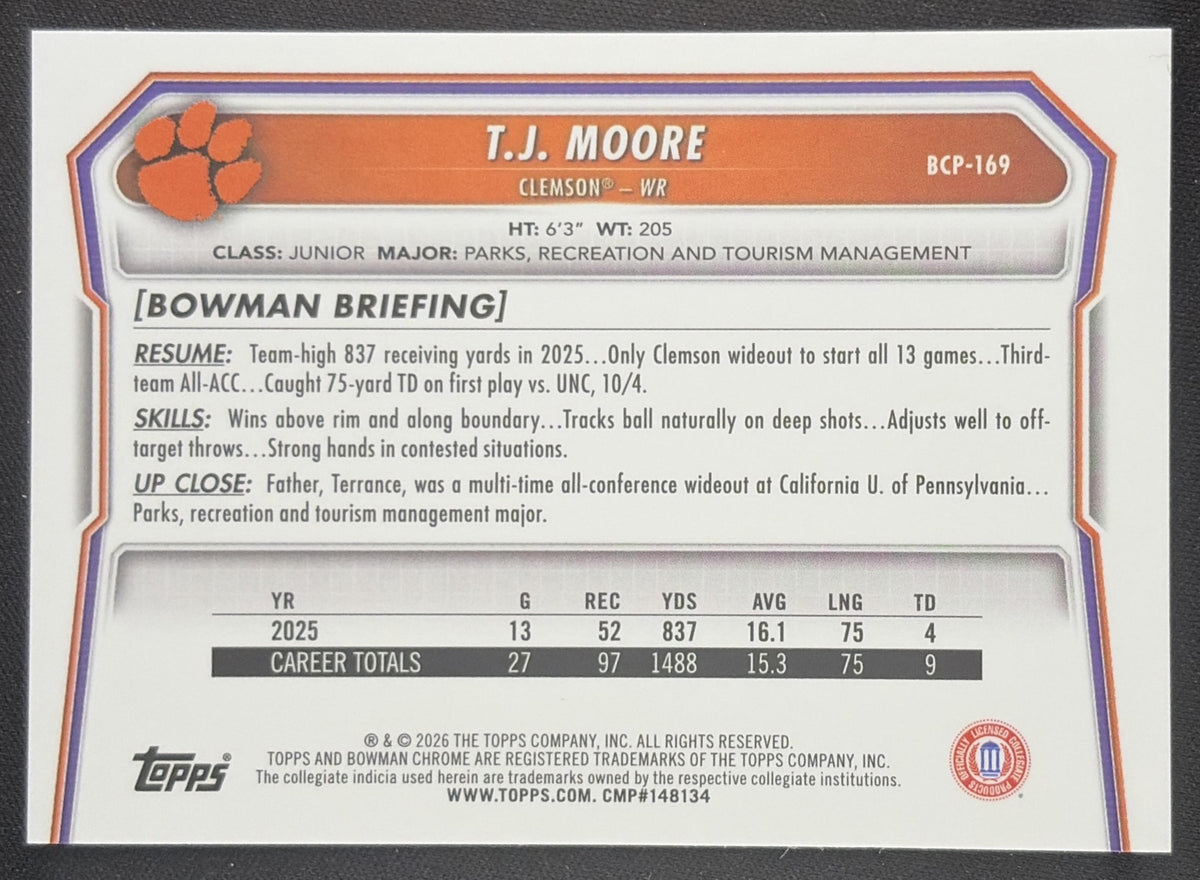 T.J. Moore 2026 Bowman Chrome Prospects Mojo Refractor Tigers Clemson Tigers Sports Trading Card