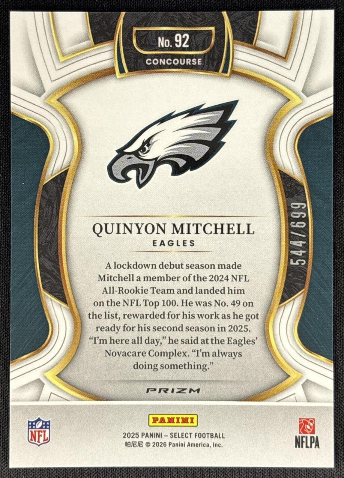 Quinyon Mitchell 2025 Panini Select Concourse Purple Prizm Shock /699 Eagles Sports Trading Cards