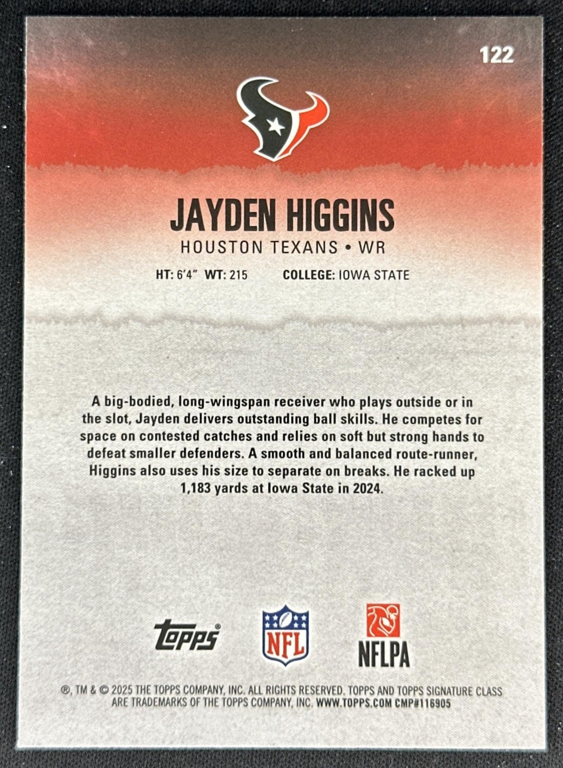Jayden Higgins 2025 Topps Signature Class Chrome Rookie Texans back
