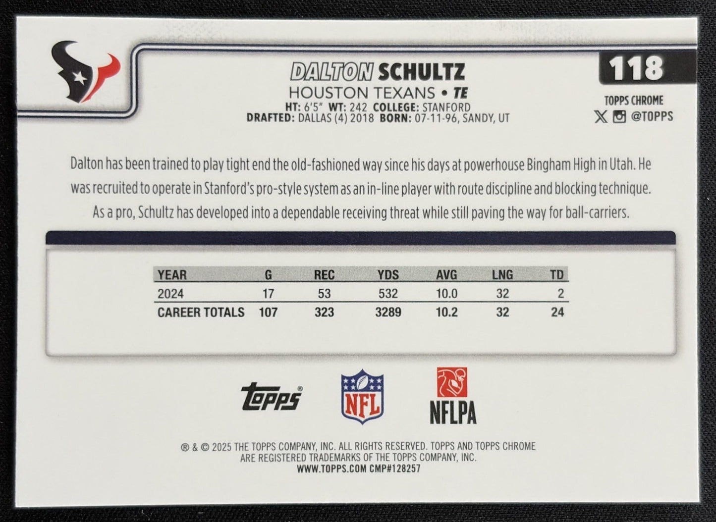 Dalton Schultz 2025 Topps Chrome Sapphire Texans