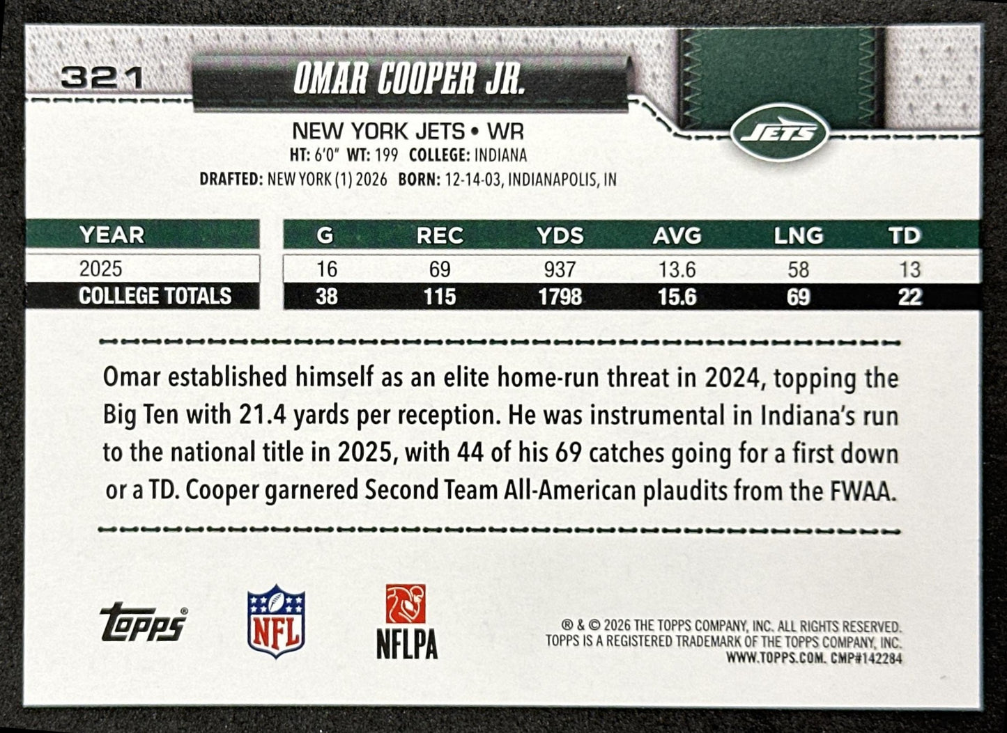 Omar Cooper Jr. 2026 Topps Flagship Rookie Jets Sports Trading Cards