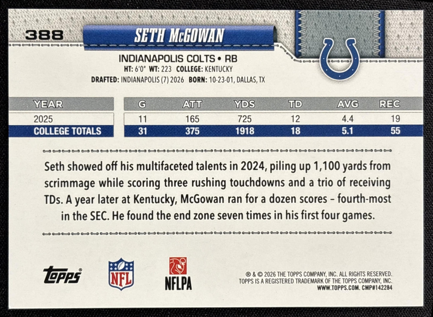 Seth McGowan 2026 Topps Football Leather Foil Colts