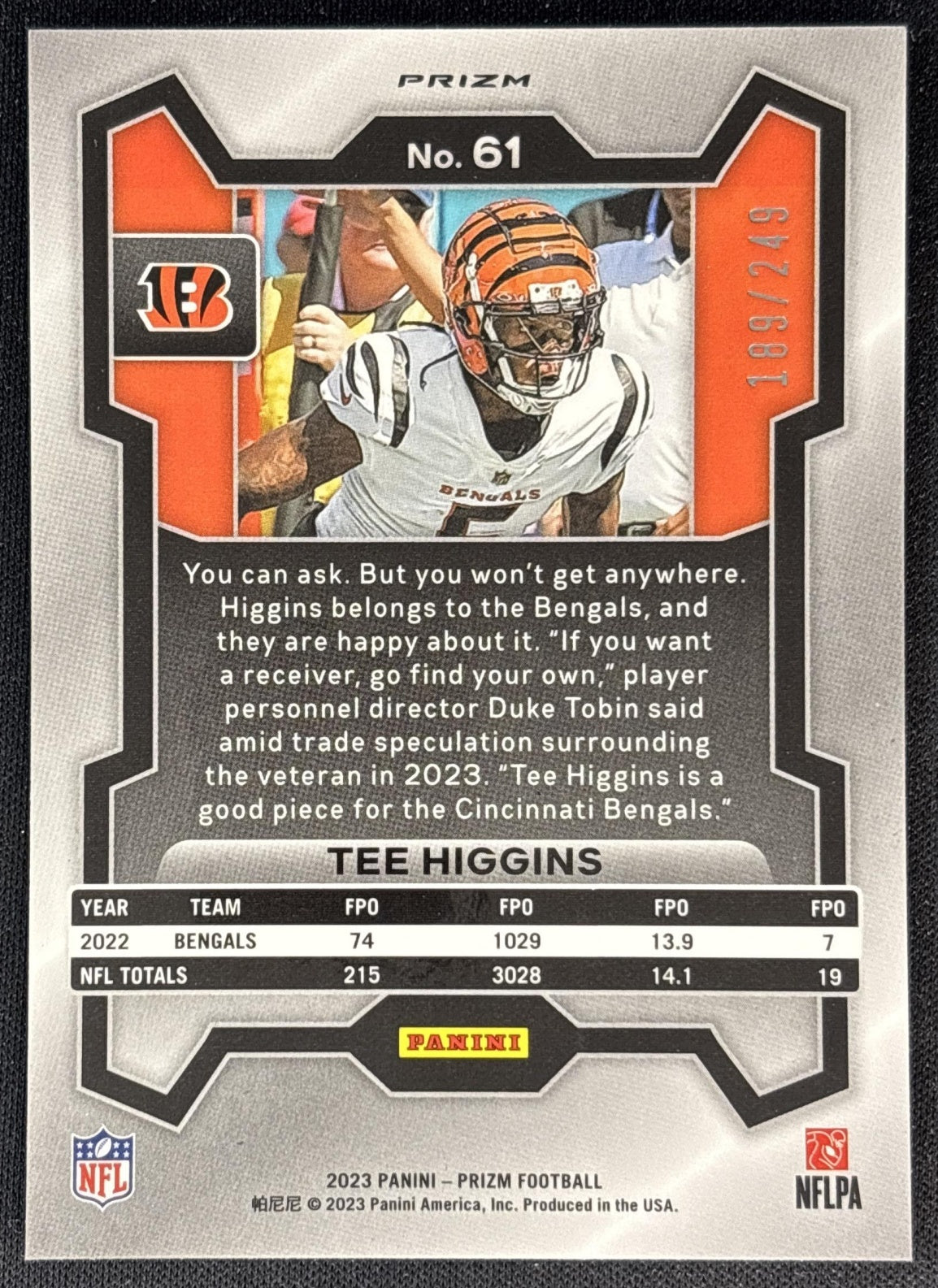 Tee Higgins 2023 Panini Prizm Orange /249 Bengals back