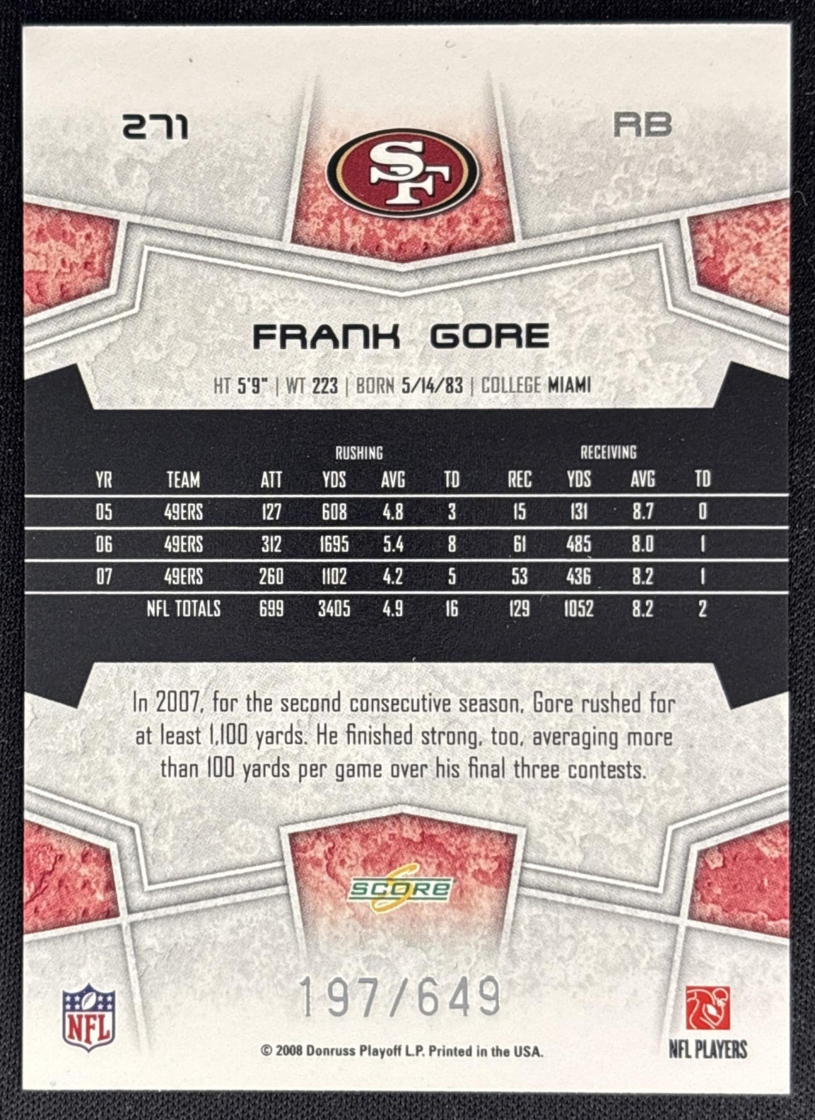 Frank Gore 2008 Score Scorecard /649 49ers back