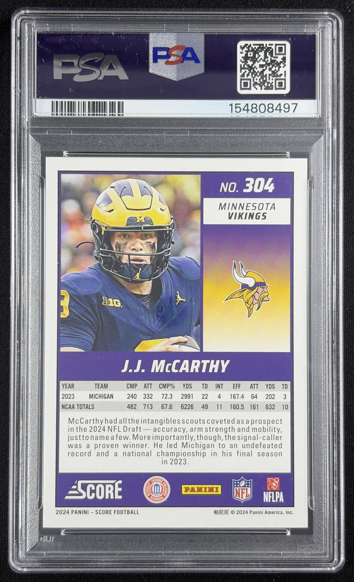J.J. McCarthy 2024 Panini Score Red Zone /20 PSA 10 Vikings