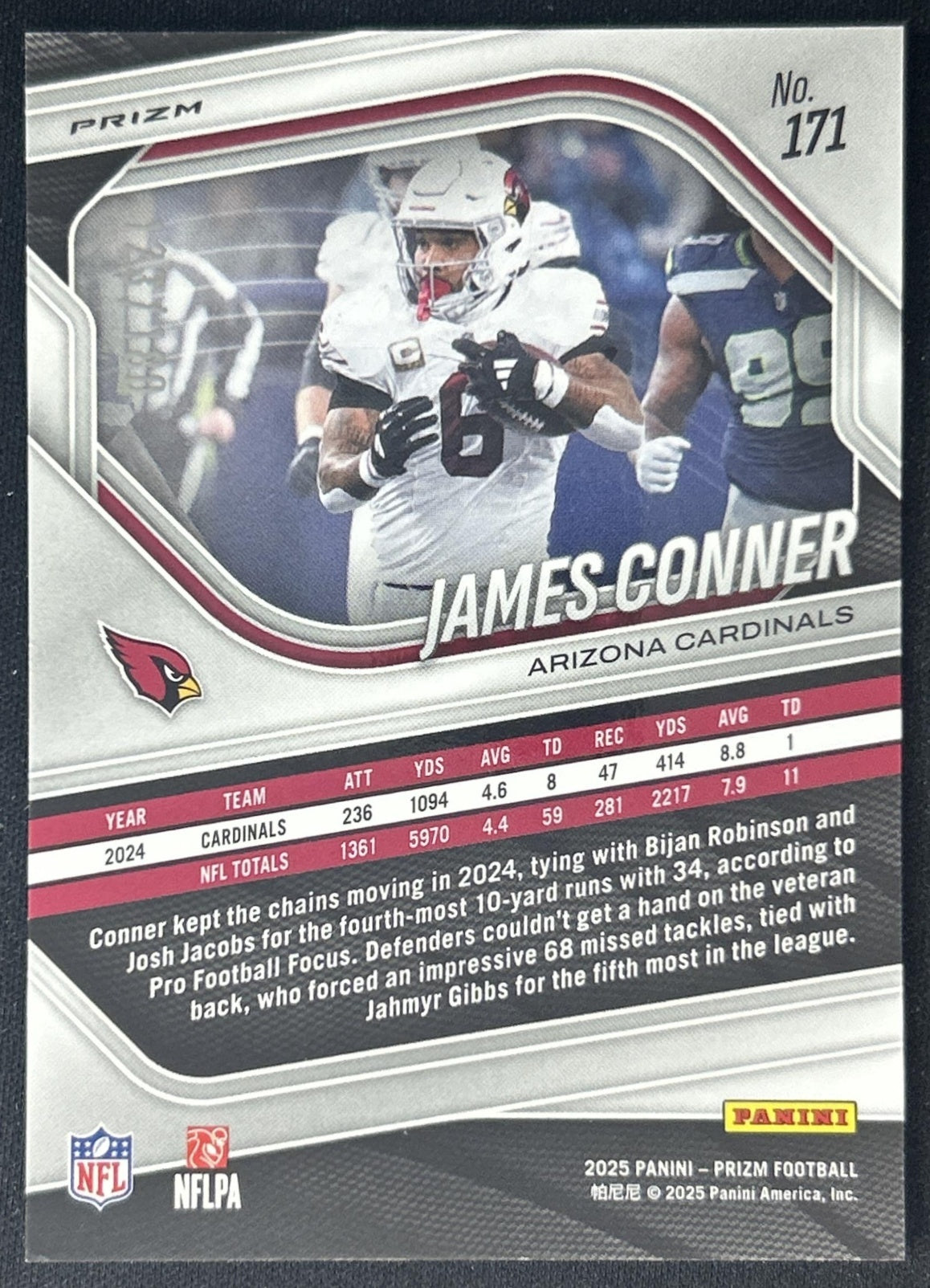 James Conner 2025 Panini Prizm Pigskin /180 Cardinals back