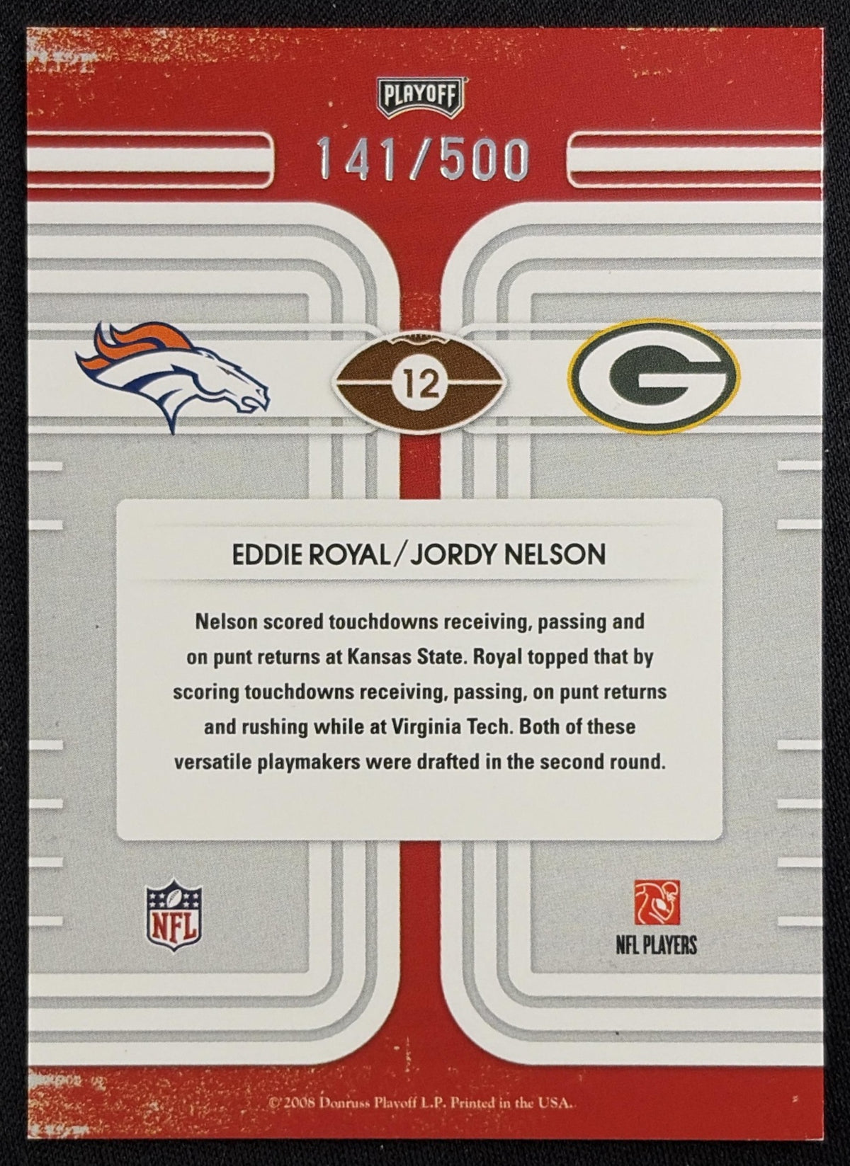 Eddie Royal Jordy Nelson 2008 Playoff Contenders Round Numbers /500 Packers Broncos