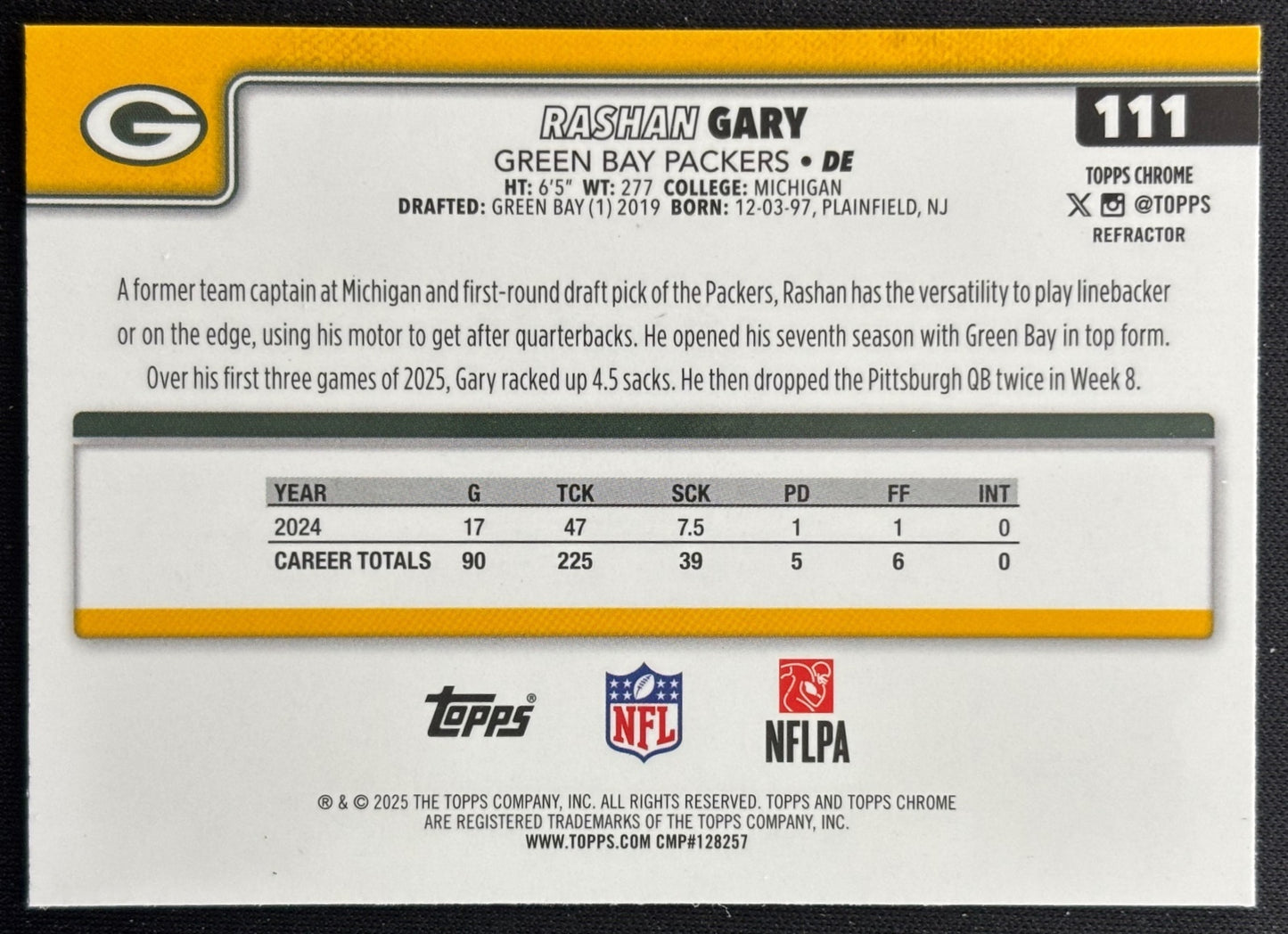 Rashan Gary 2025 Chrome Refractor Packers Sports Trading Cards