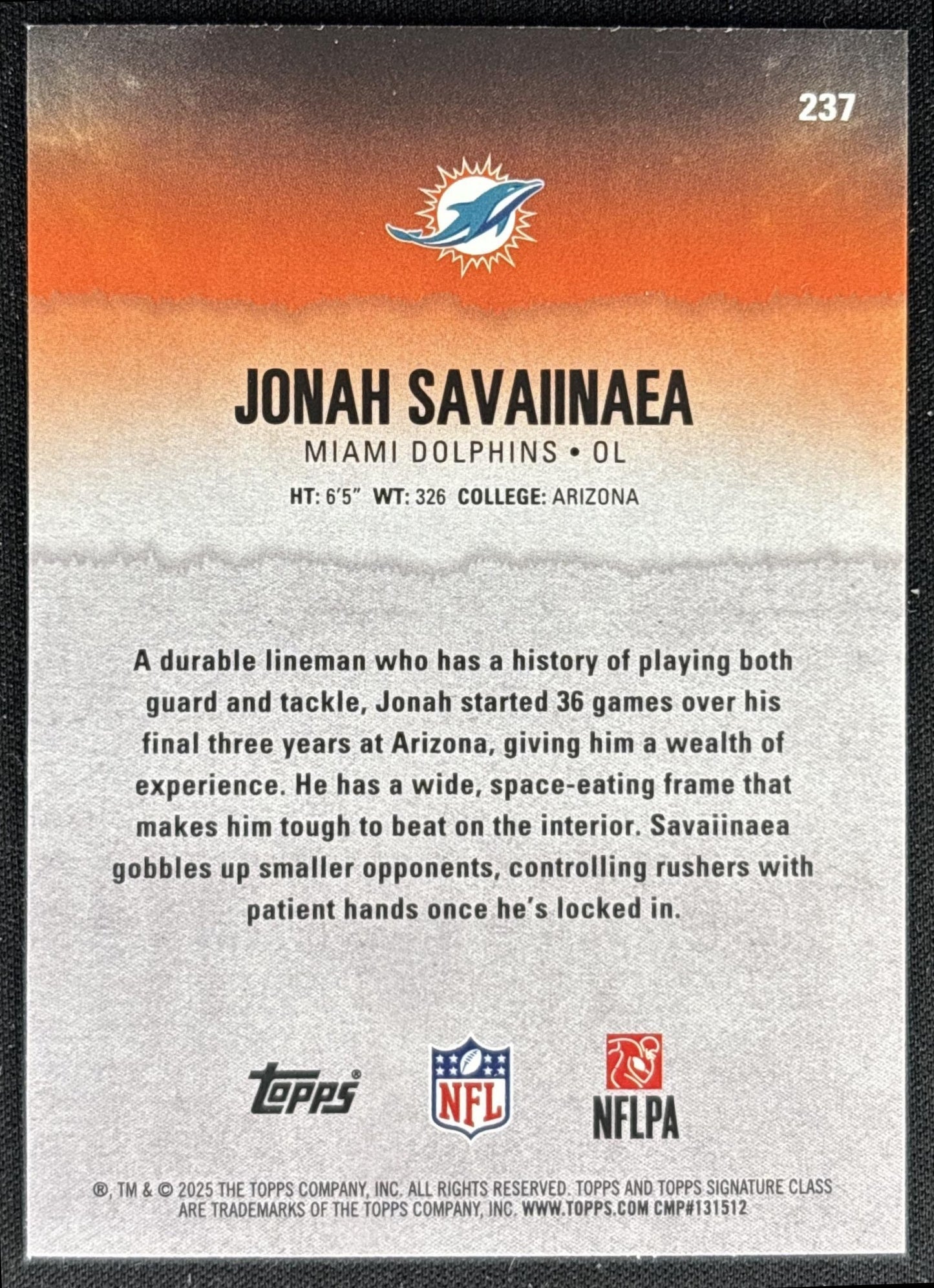 Jonah Savaiinaea 2025 Topps Signature Class Rookie Silver Foil /275 Dolphins