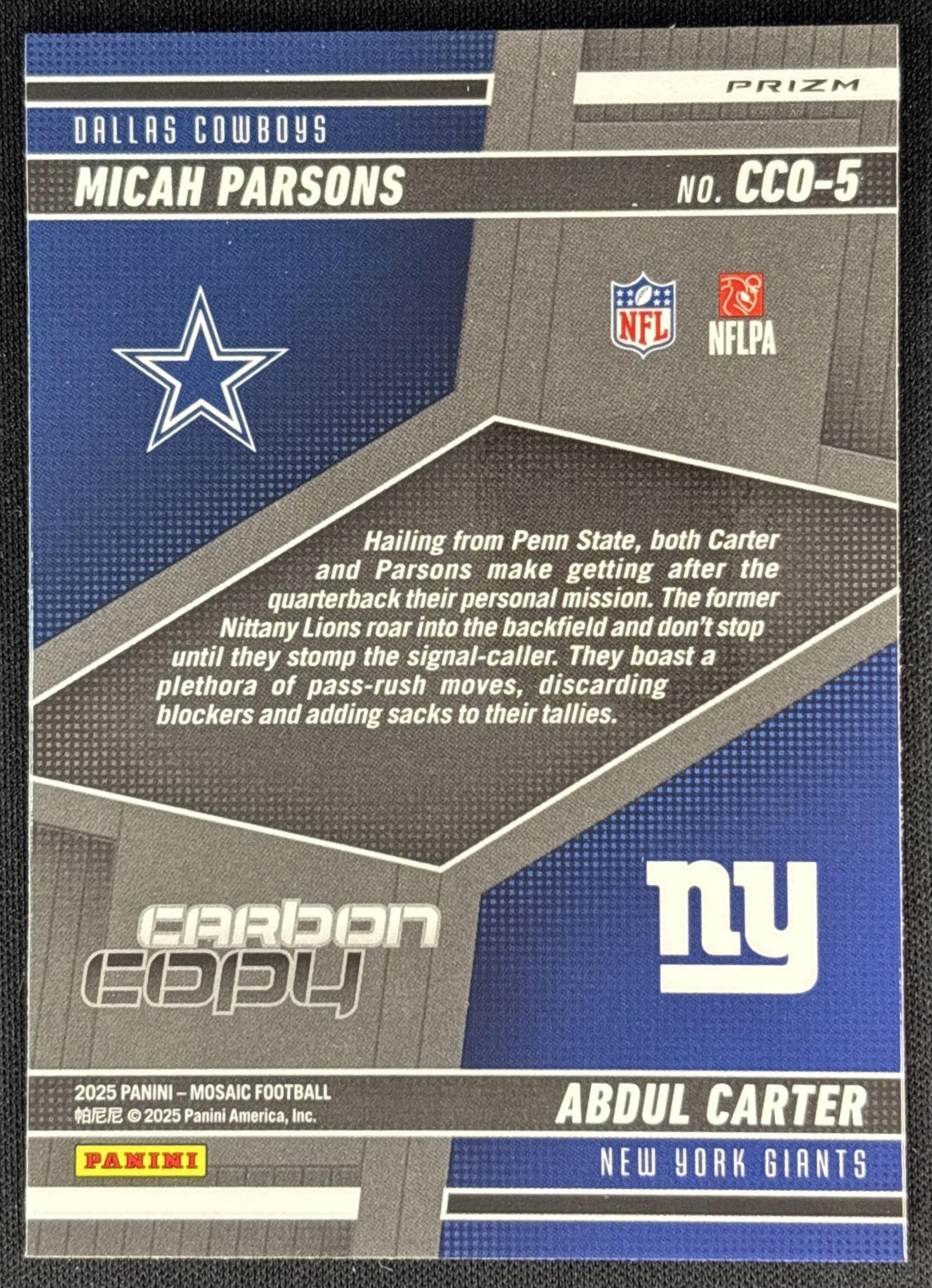 Abdul Carter Micah Parsons 2025 Panini Mosaic Carbon Copy Silver Prizm