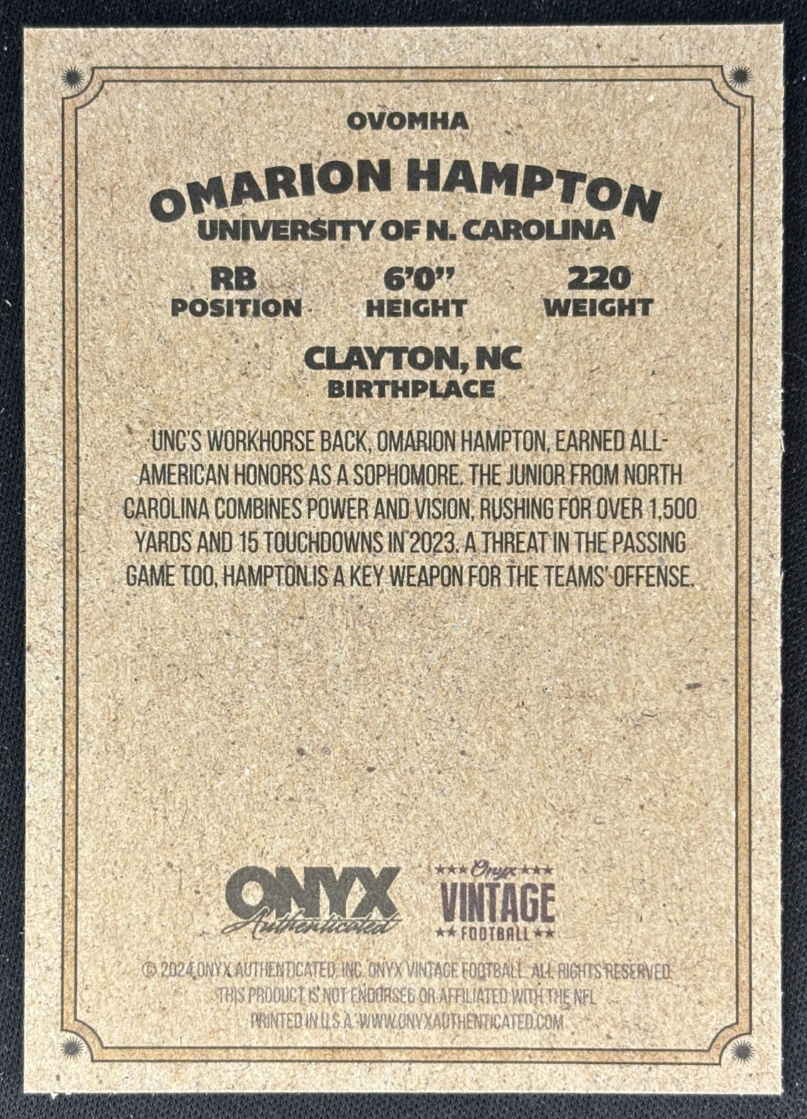 Omarion Hampton 2024 Onyx Vintage Collection Tar Heels Sports Trading Cards